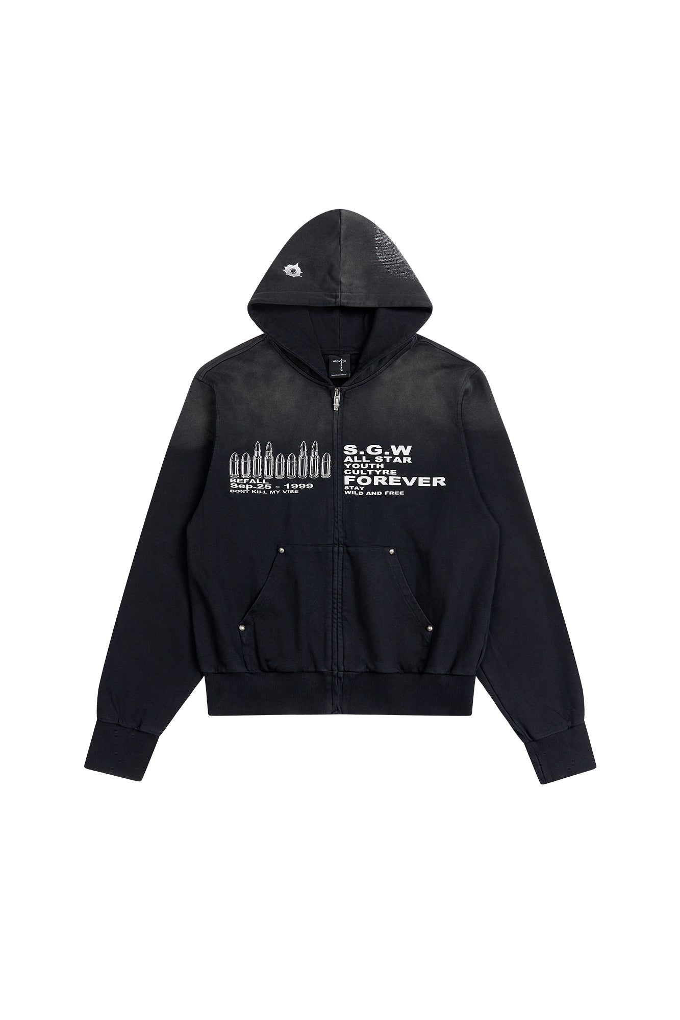 SAVAGEGROWTHWORLD Bullet Hole Graphic Washed Zip-Up Hoodie, premium urban and streetwear designers apparel on PROJECTISR.com, SAVAGEGROWTHWORLD