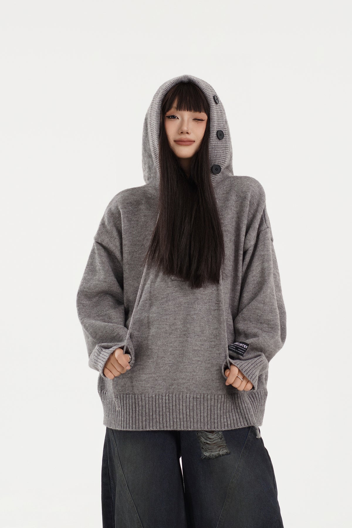 FREE CENTER Reversible Hooded Oversized Sweater