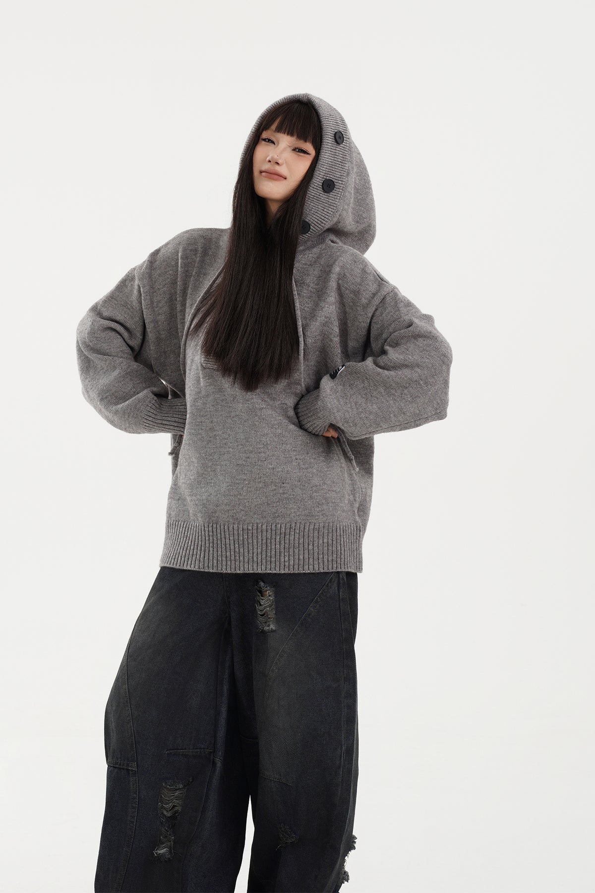FREE CENTER Reversible Hooded Oversized Sweater