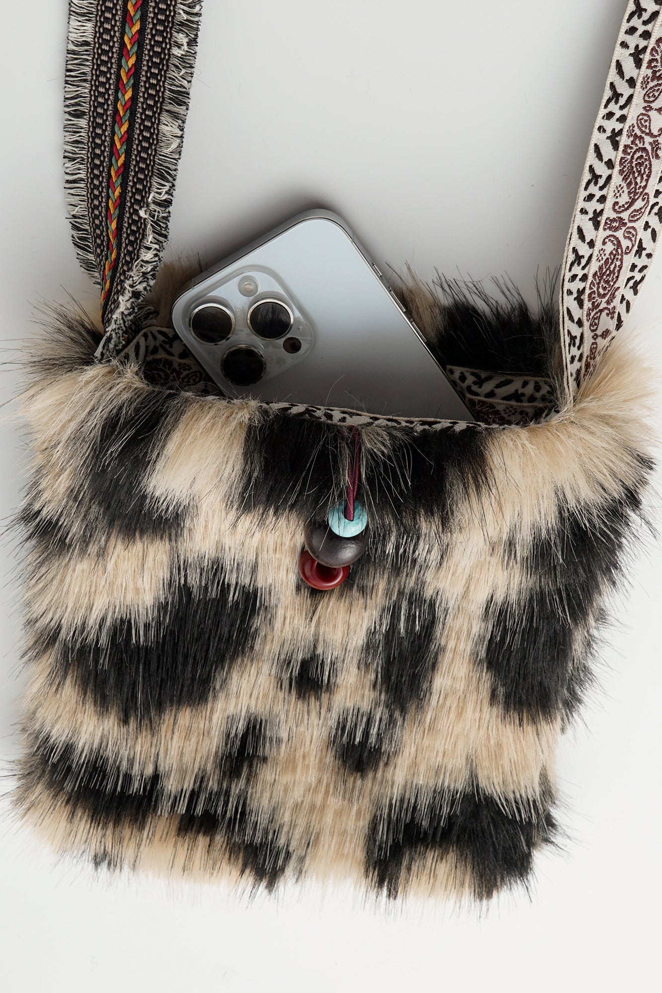 OINIMI Tribal-Strap Leopard Faux-Fur Crossbody Bag