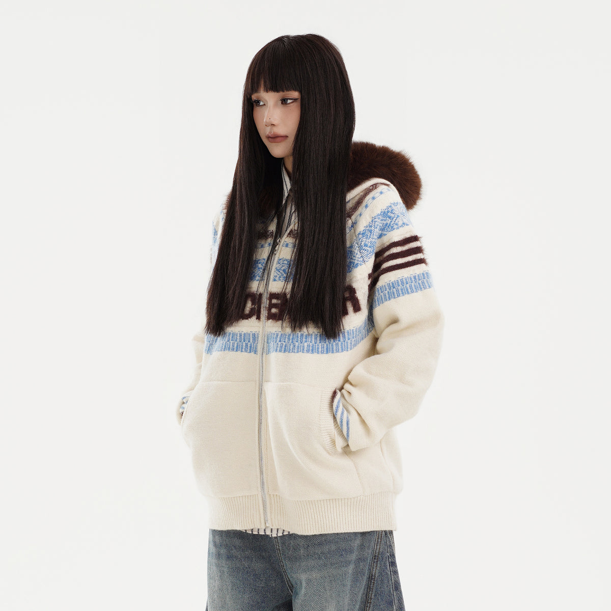 FREE CENTER Retro Fair Isle Detachable Collar Hooded Cardigan