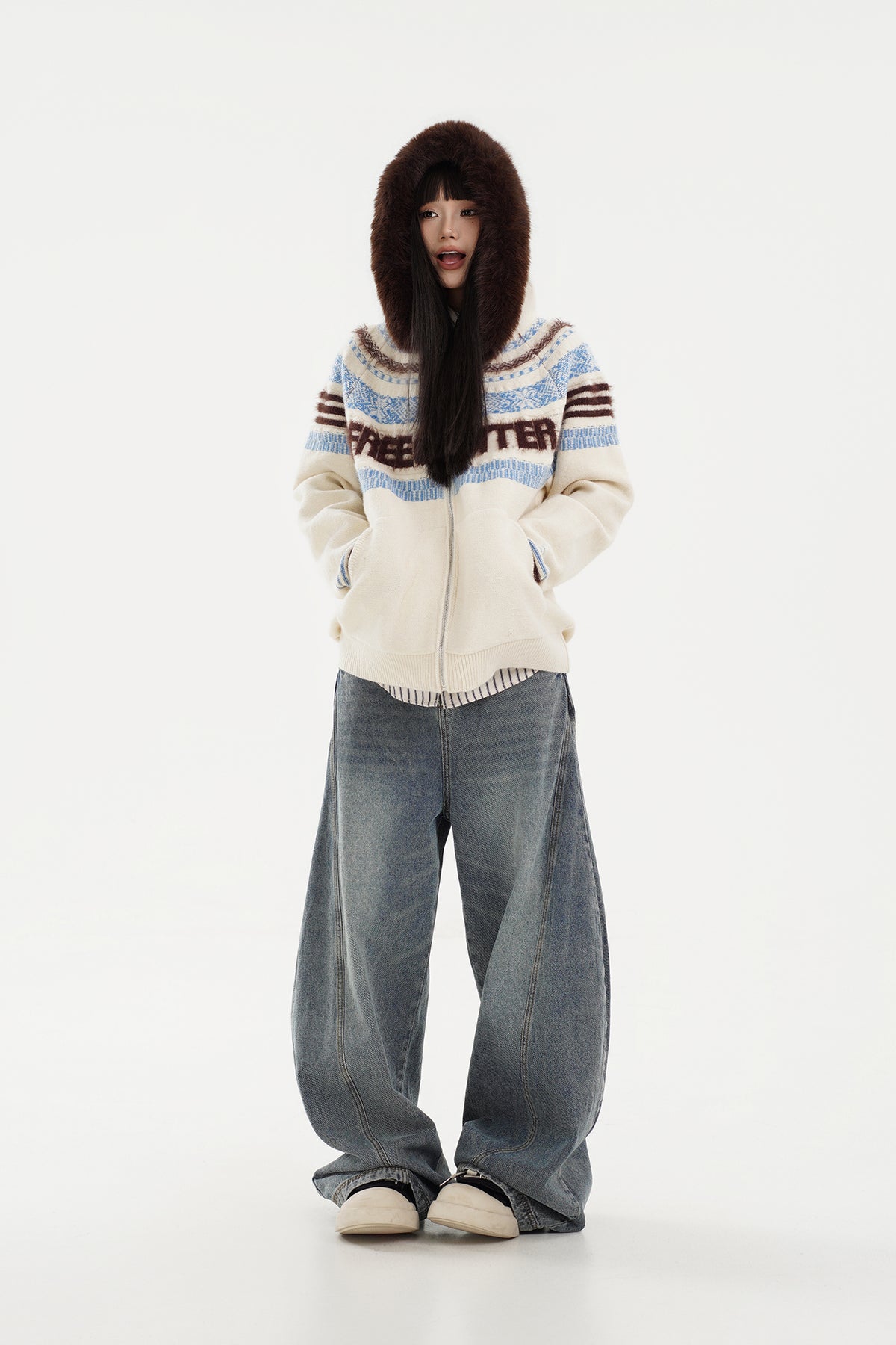 FREE CENTER Retro Fair Isle Detachable Collar Hooded Cardigan