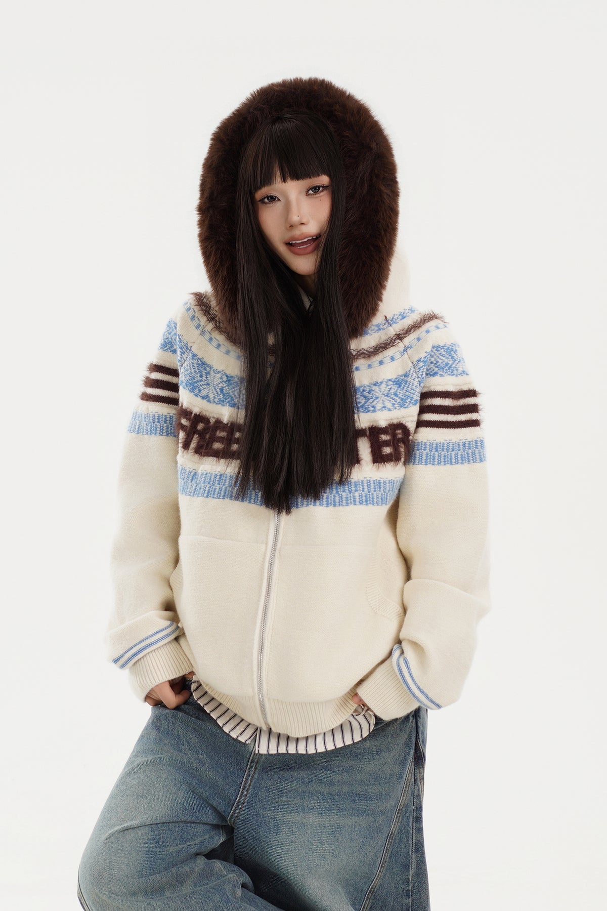 FREE CENTER Retro Fair Isle Detachable Collar Hooded Cardigan