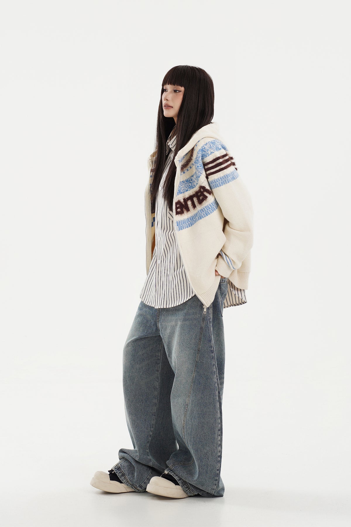 FREE CENTER Retro Fair Isle Detachable Collar Hooded Cardigan