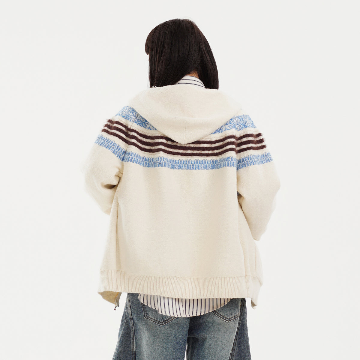 FREE CENTER Retro Fair Isle Detachable Collar Hooded Cardigan
