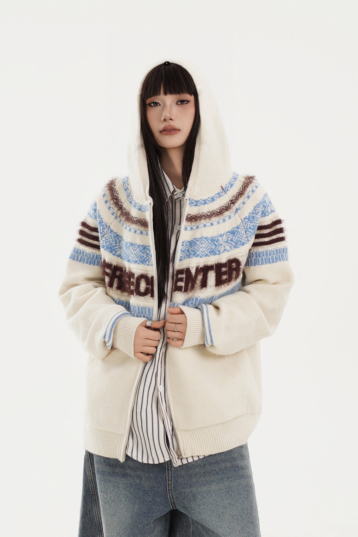 FREE CENTER Retro Fair Isle Detachable Collar Hooded Cardigan