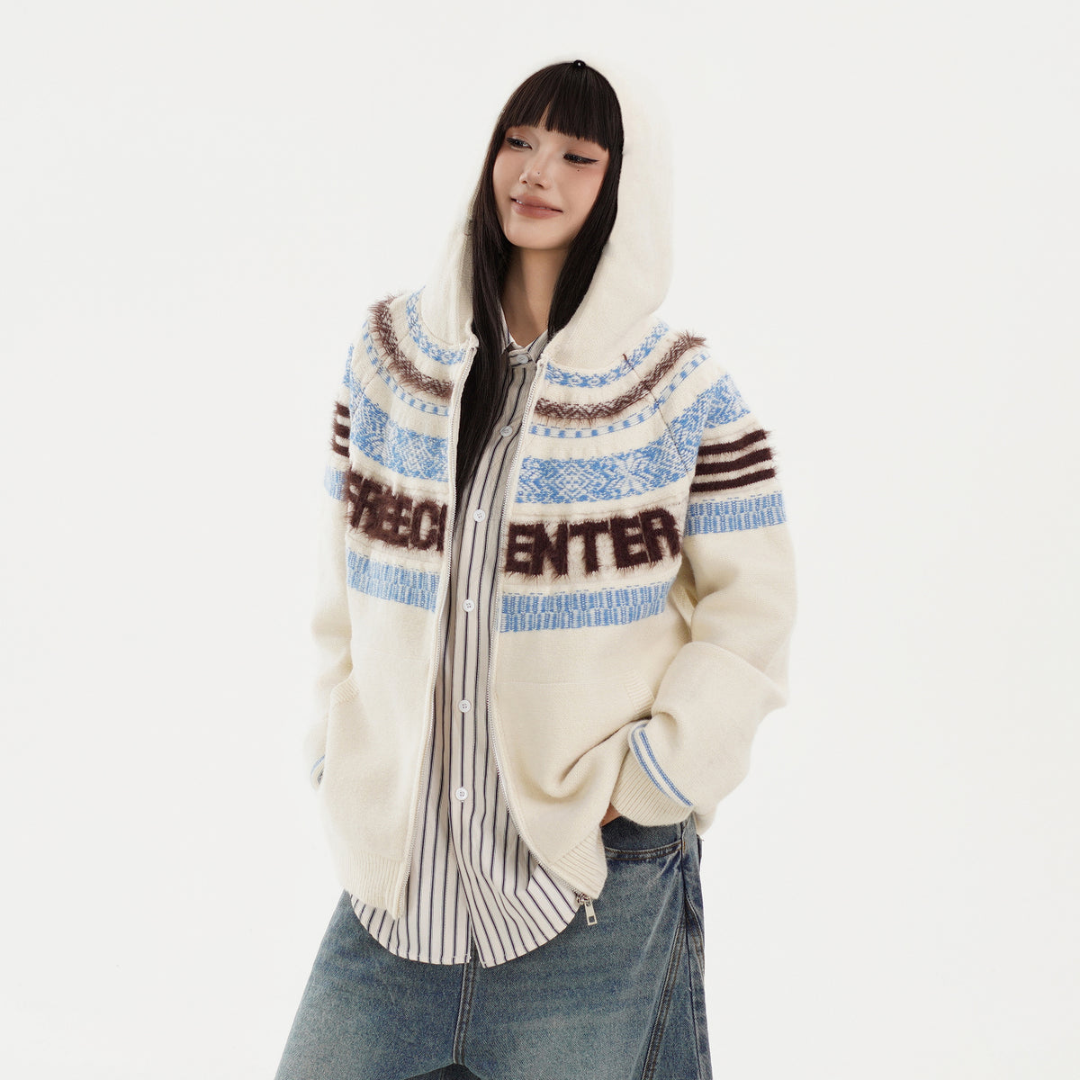 FREE CENTER Retro Fair Isle Detachable Collar Hooded Cardigan
