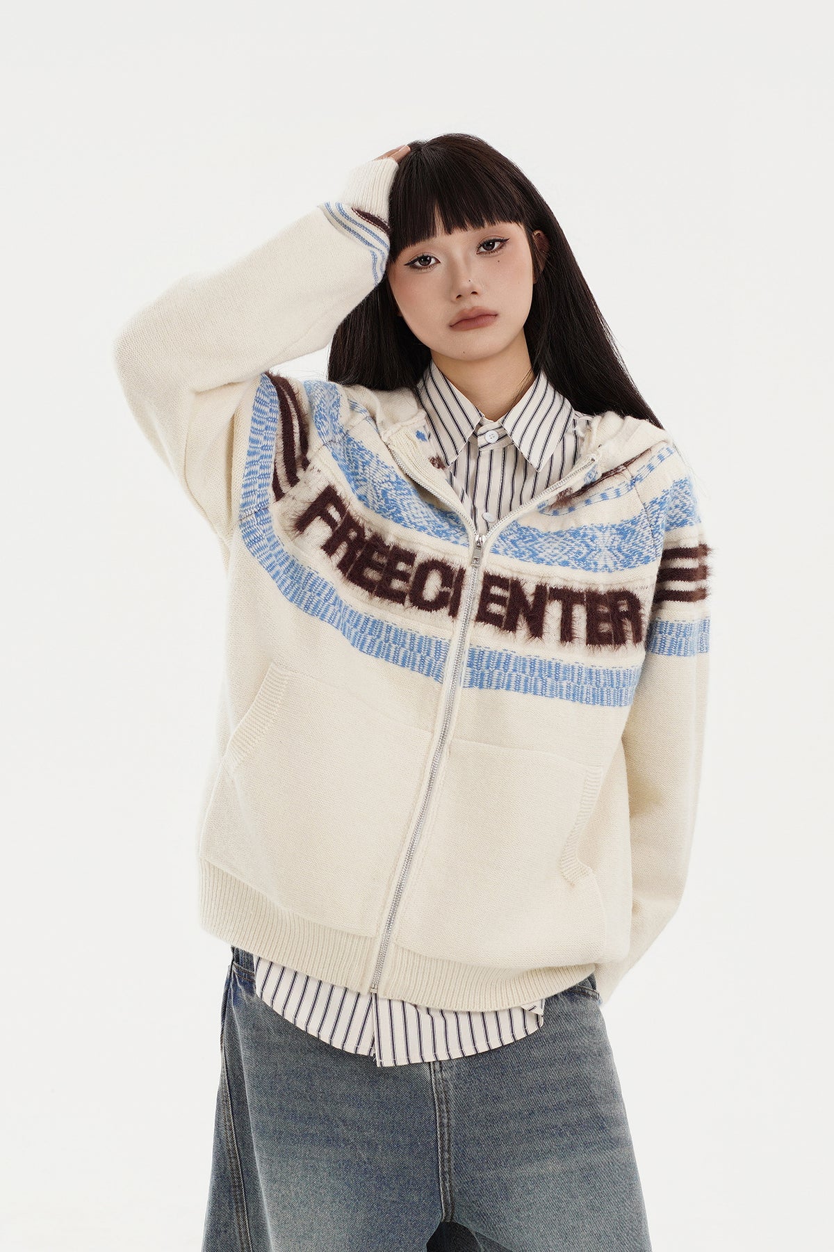FREE CENTER Retro Fair Isle Detachable Collar Hooded Cardigan