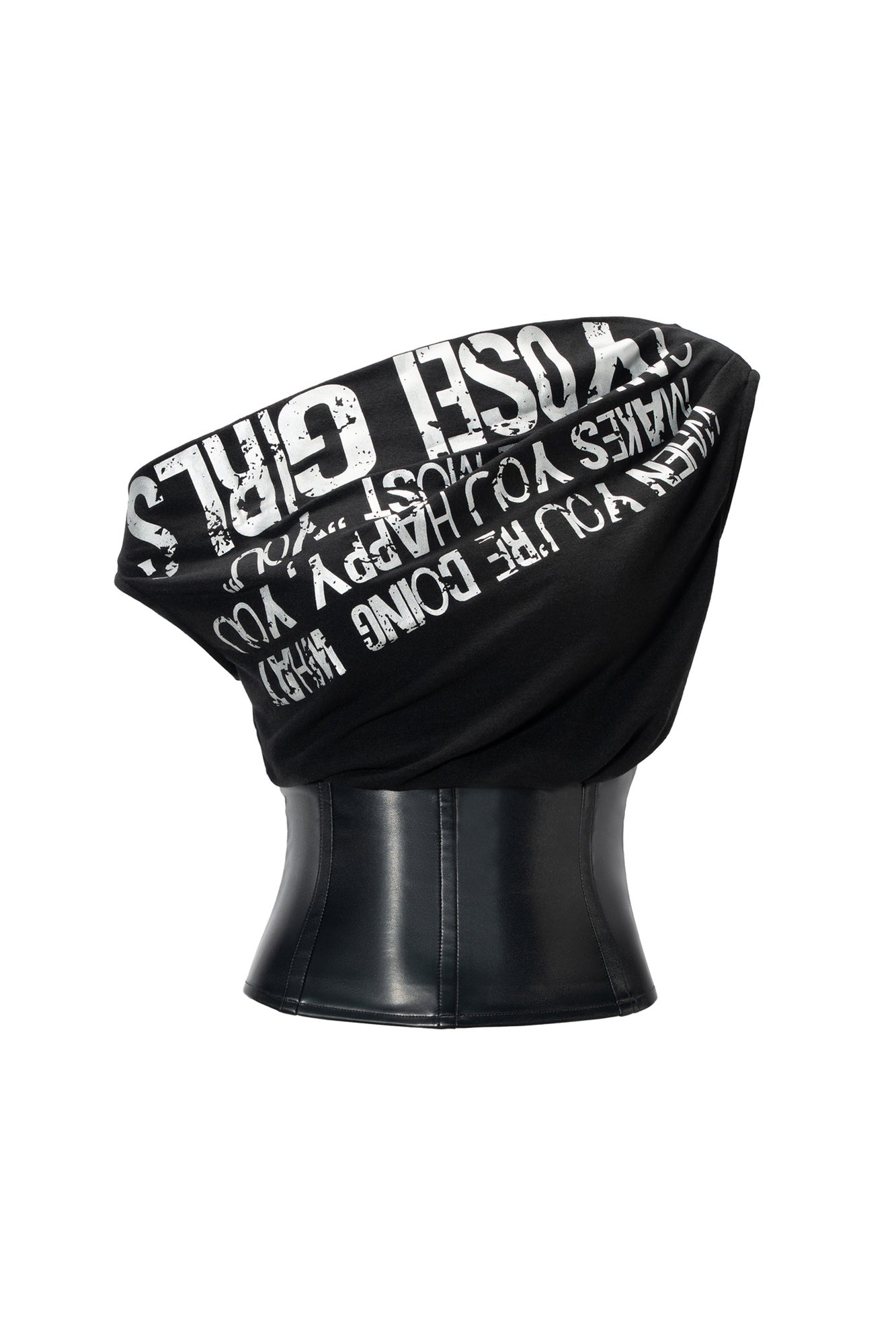 JYOSEI Asymmetrical Off-Shoulder Foil Letter Cinched T-Shirt