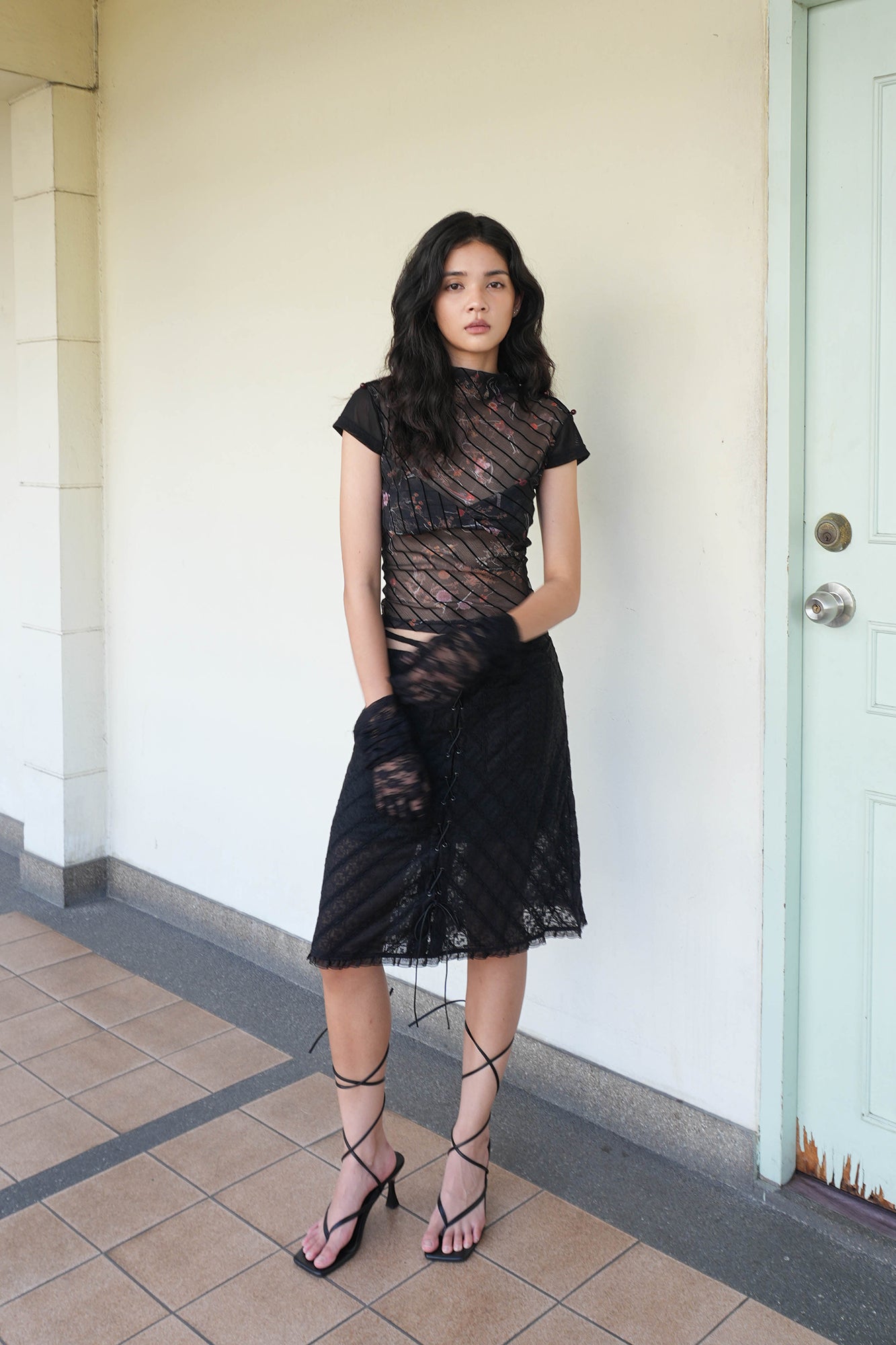 JIUWU PARK Sheer Floral Mesh Layered Bust Top