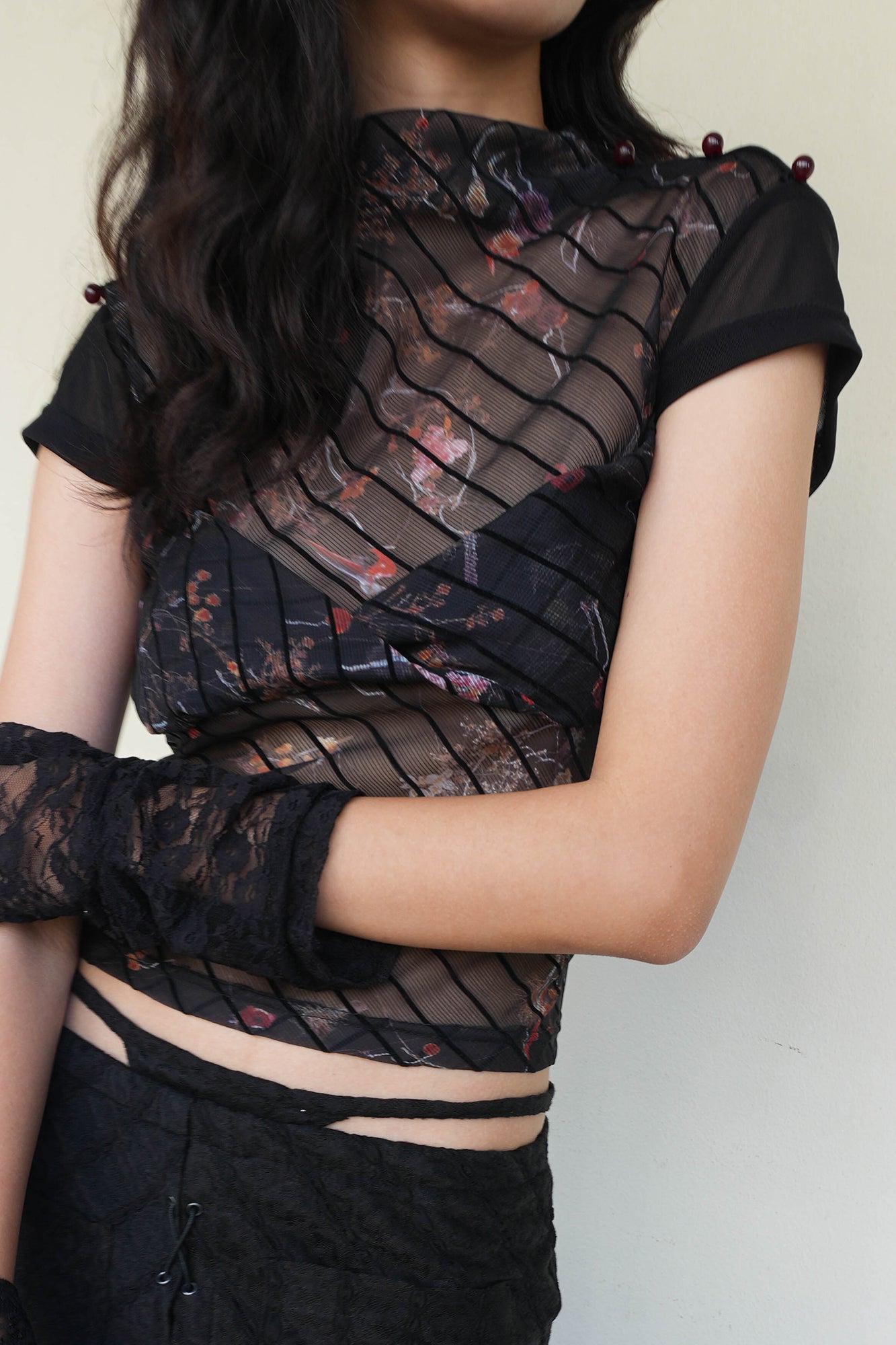 JIUWU PARK Sheer Floral Mesh Layered Bust Top