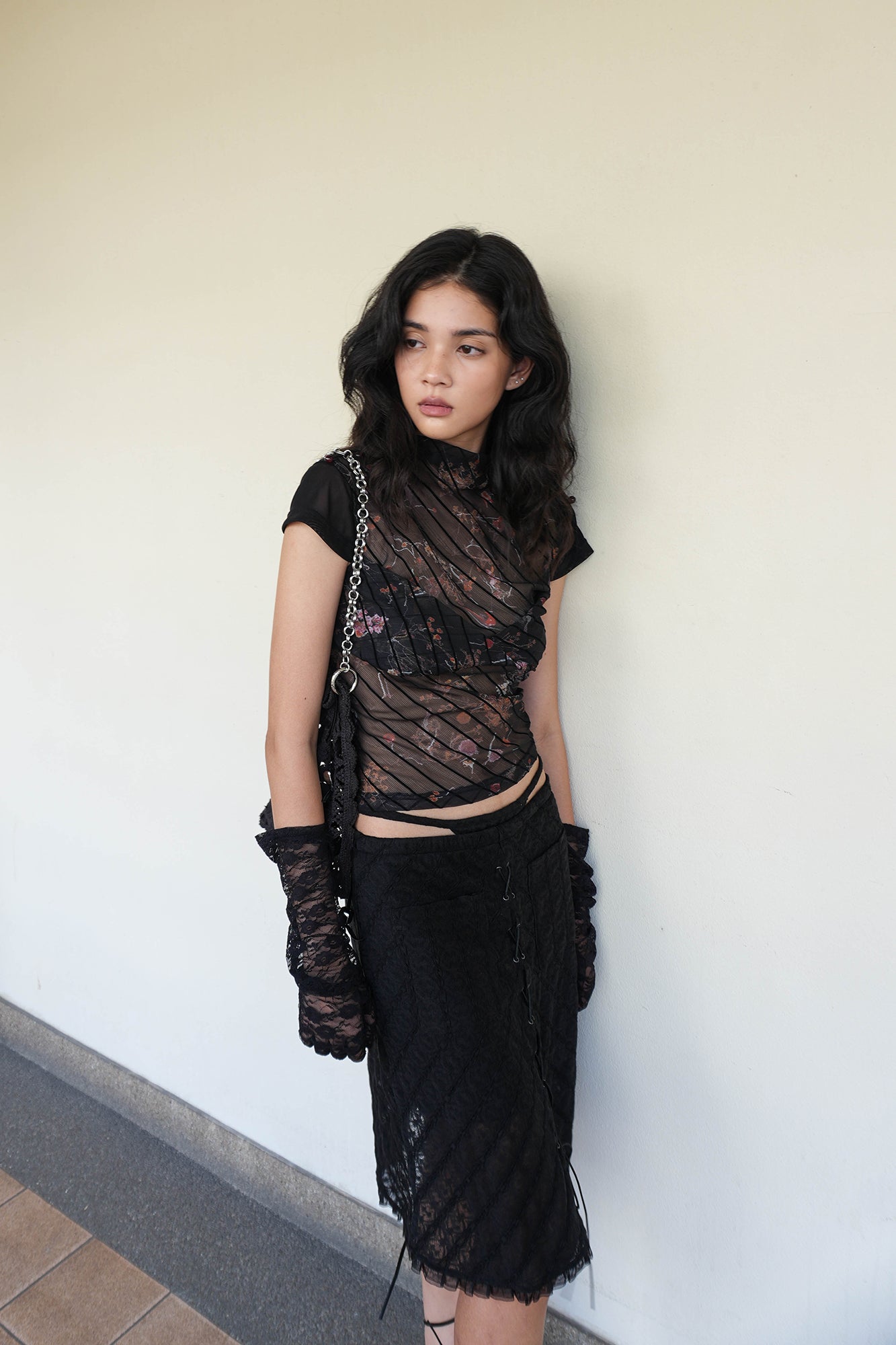 JIUWU PARK Sheer Floral Mesh Layered Bust Top
