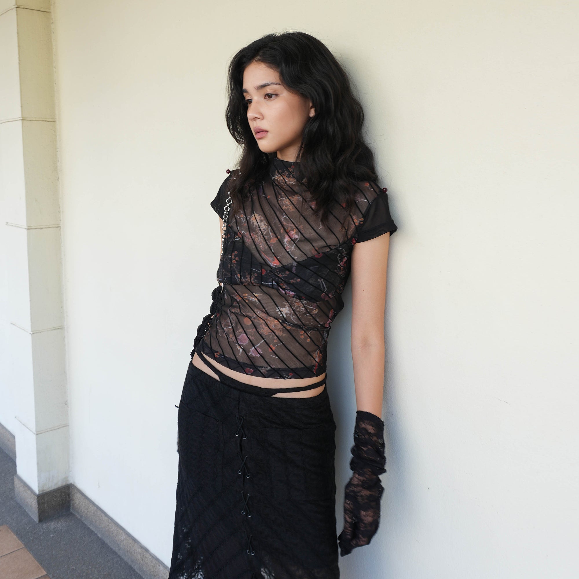 JIUWU PARK Sheer Floral Mesh Layered Bust Top