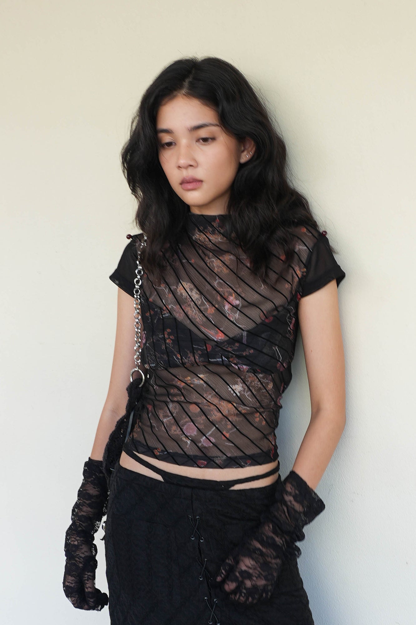 JIUWU PARK Sheer Floral Mesh Layered Bust Top