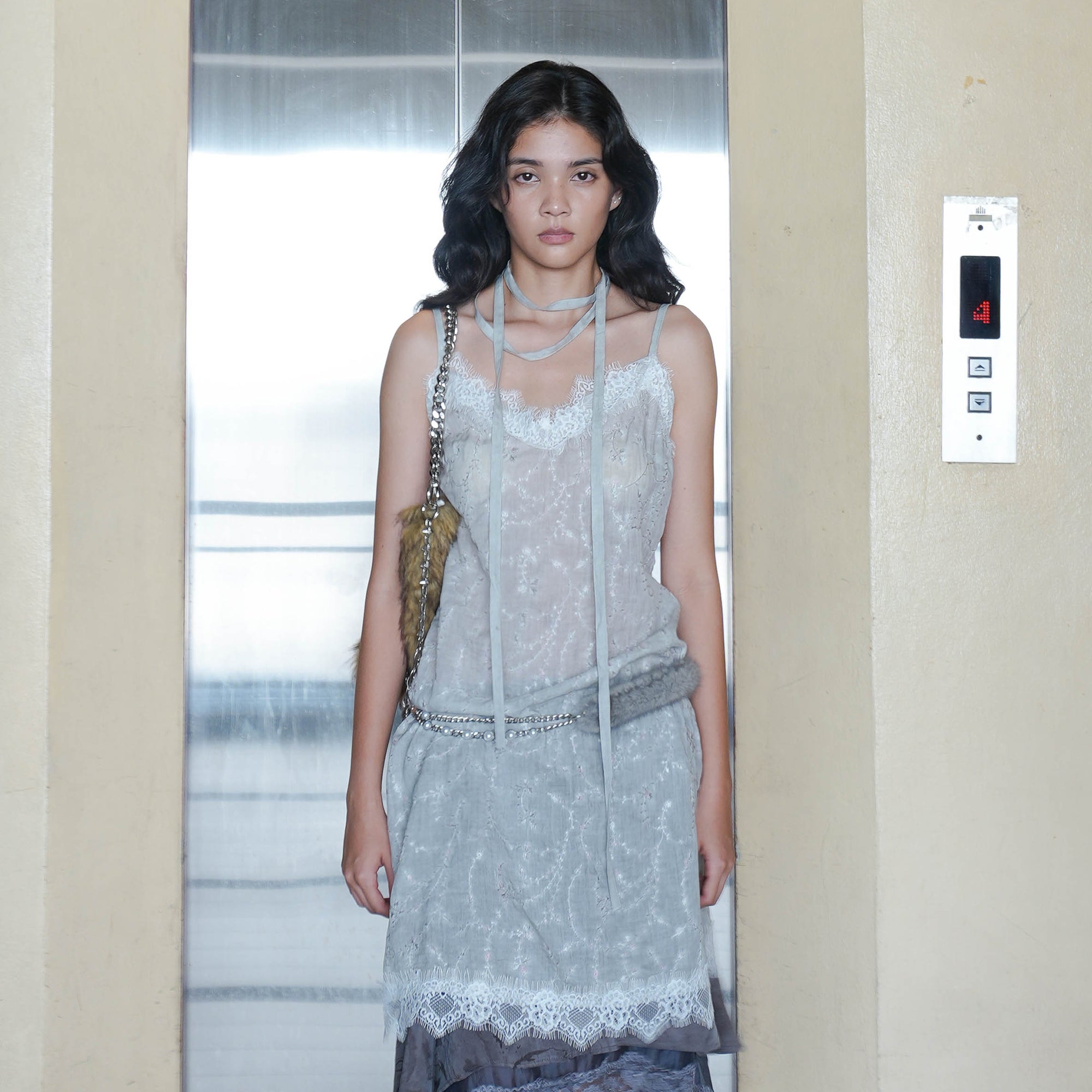 JIUWU PARK Floral Lace Trim Slip Dress
