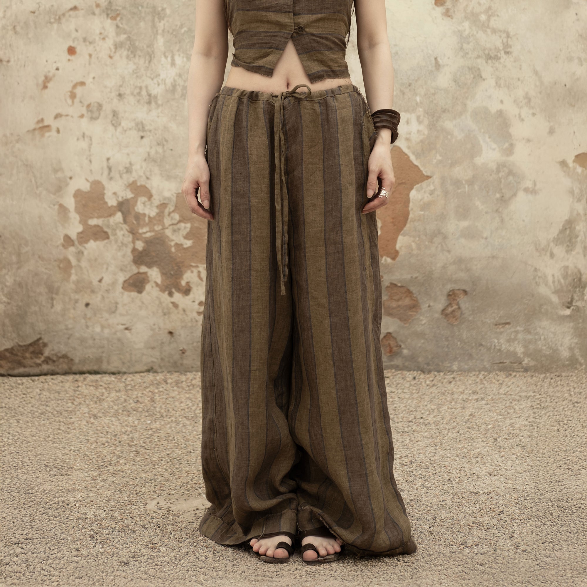 INCH LIM Striped Raw-Edge Drawstring Wide-Leg Pants