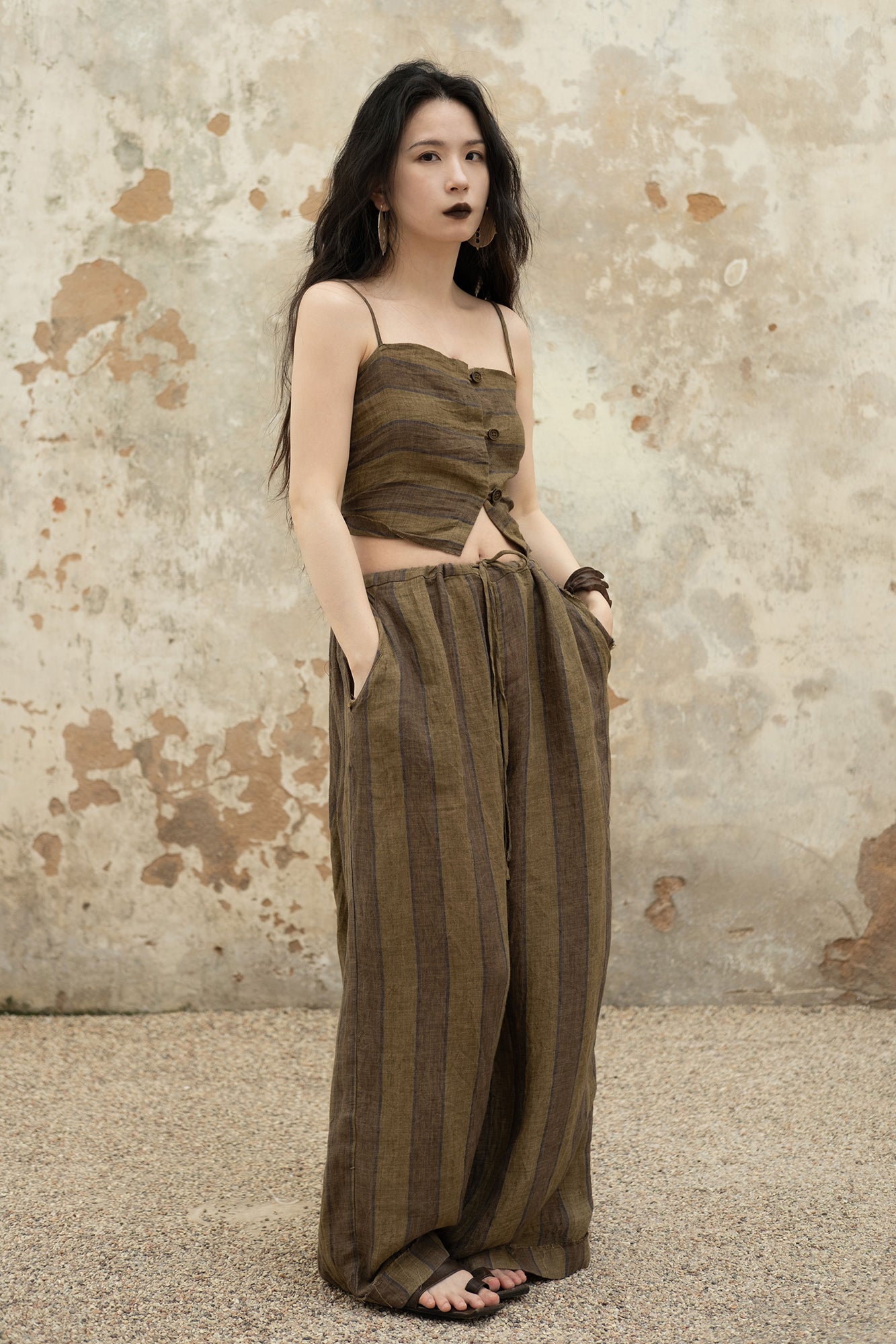 INCH LIM Striped Raw-Edge Drawstring Wide-Leg Pants