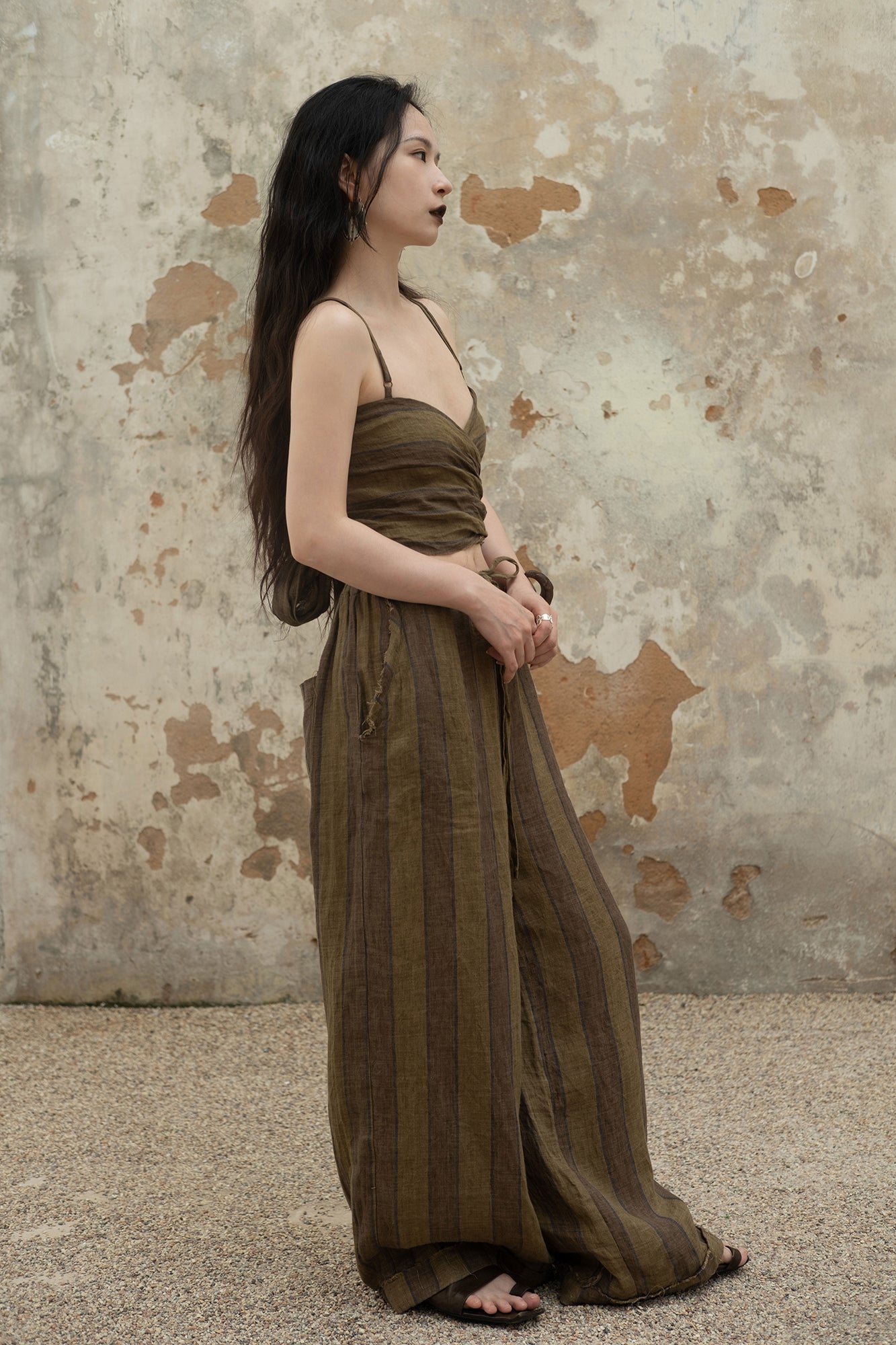 INCH LIM Striped Raw-Edge Drawstring Wide-Leg Pants