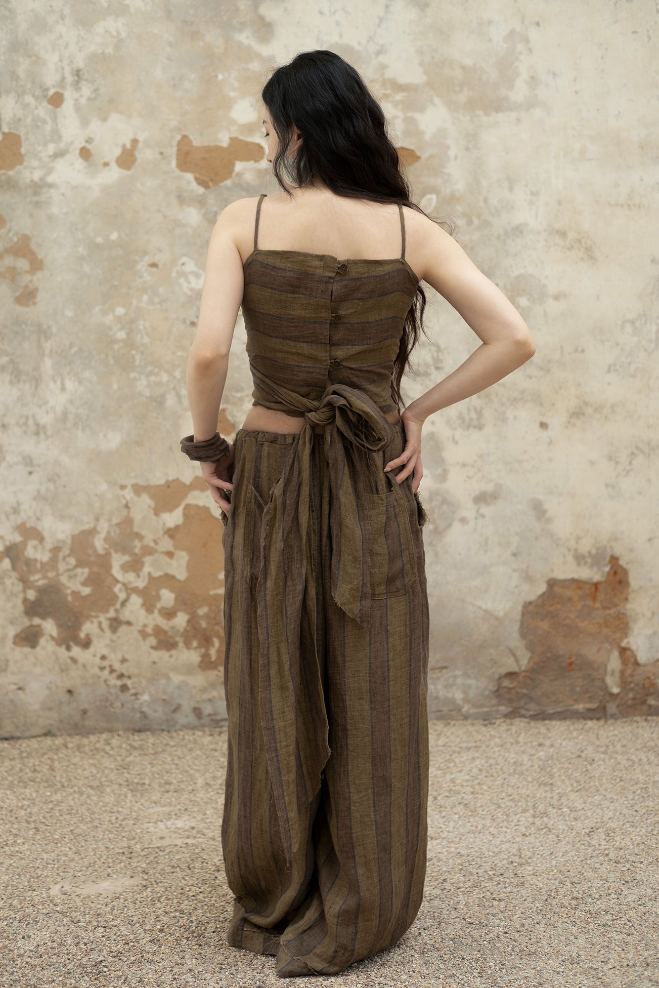INCH LIM Striped Raw-Edge Drawstring Wide-Leg Pants