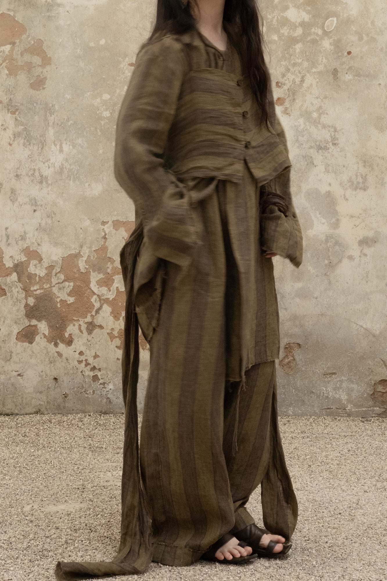 INCH LIM Striped Raw-Edge Drawstring Wide-Leg Pants