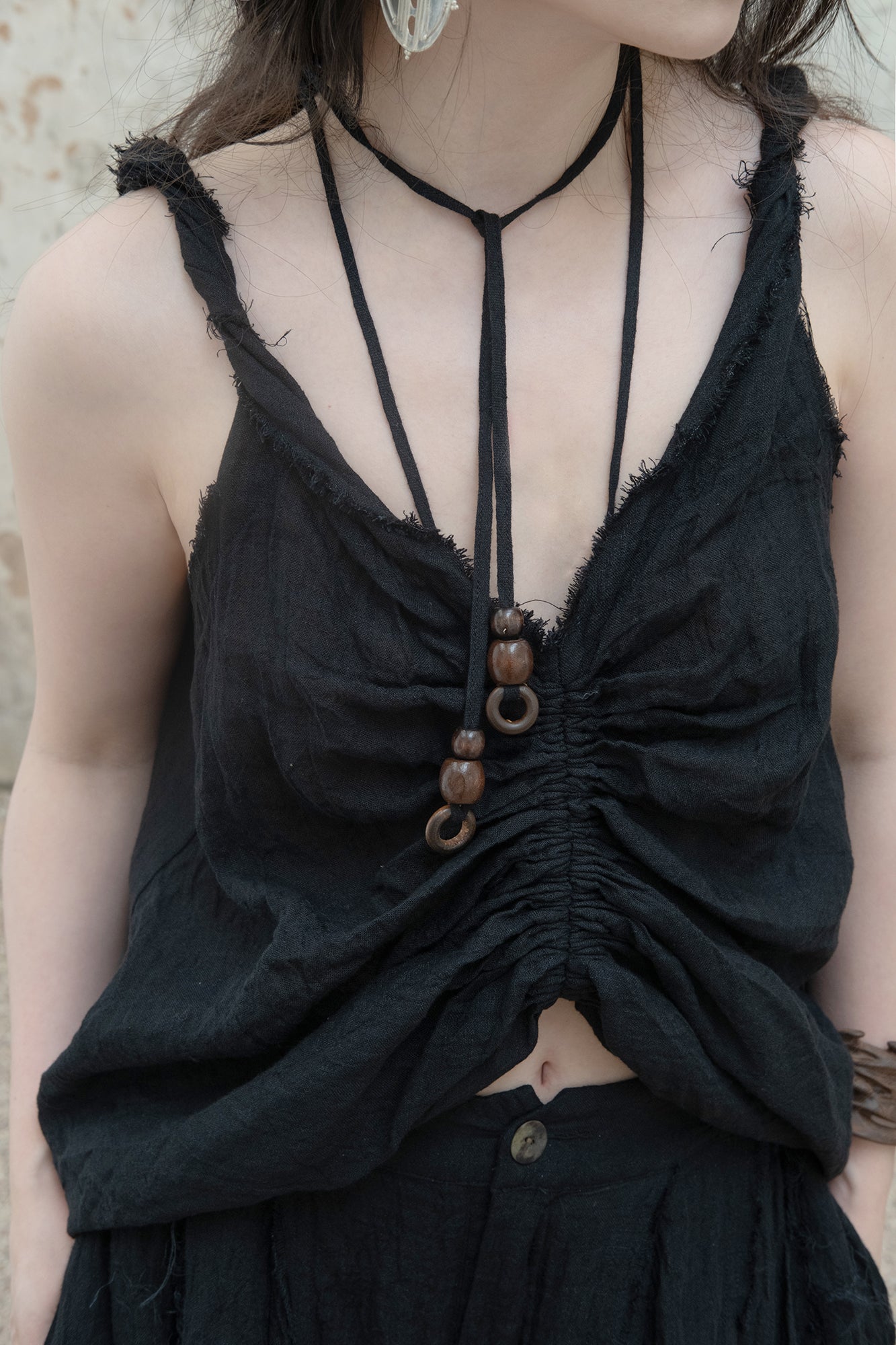 INCH LIM Raw-Edge Beaded Drawstring Tank Top