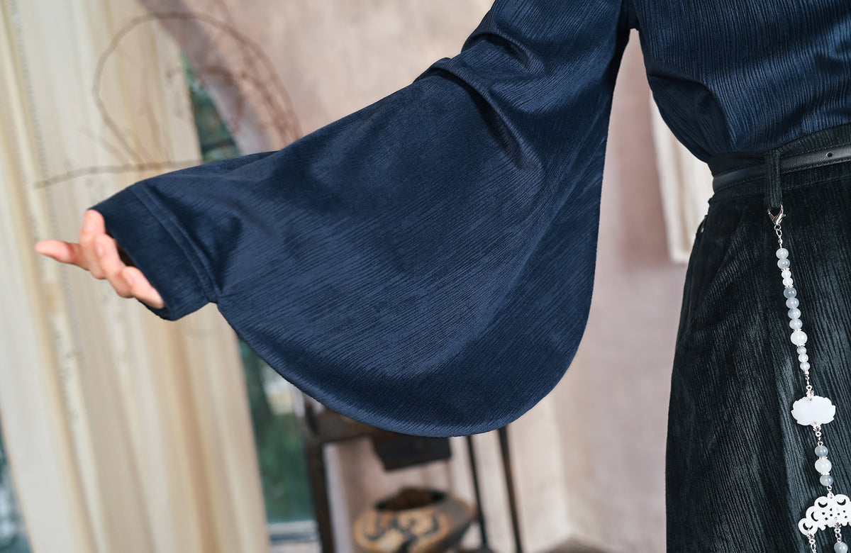 GUGUAI Embroidered Mandarin Collar Balloon-Sleeve Shirt