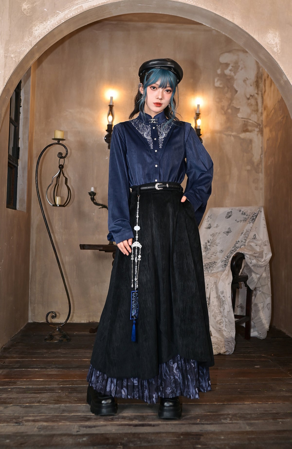 GUGUAI Embroidered Mandarin Collar Balloon-Sleeve Shirt