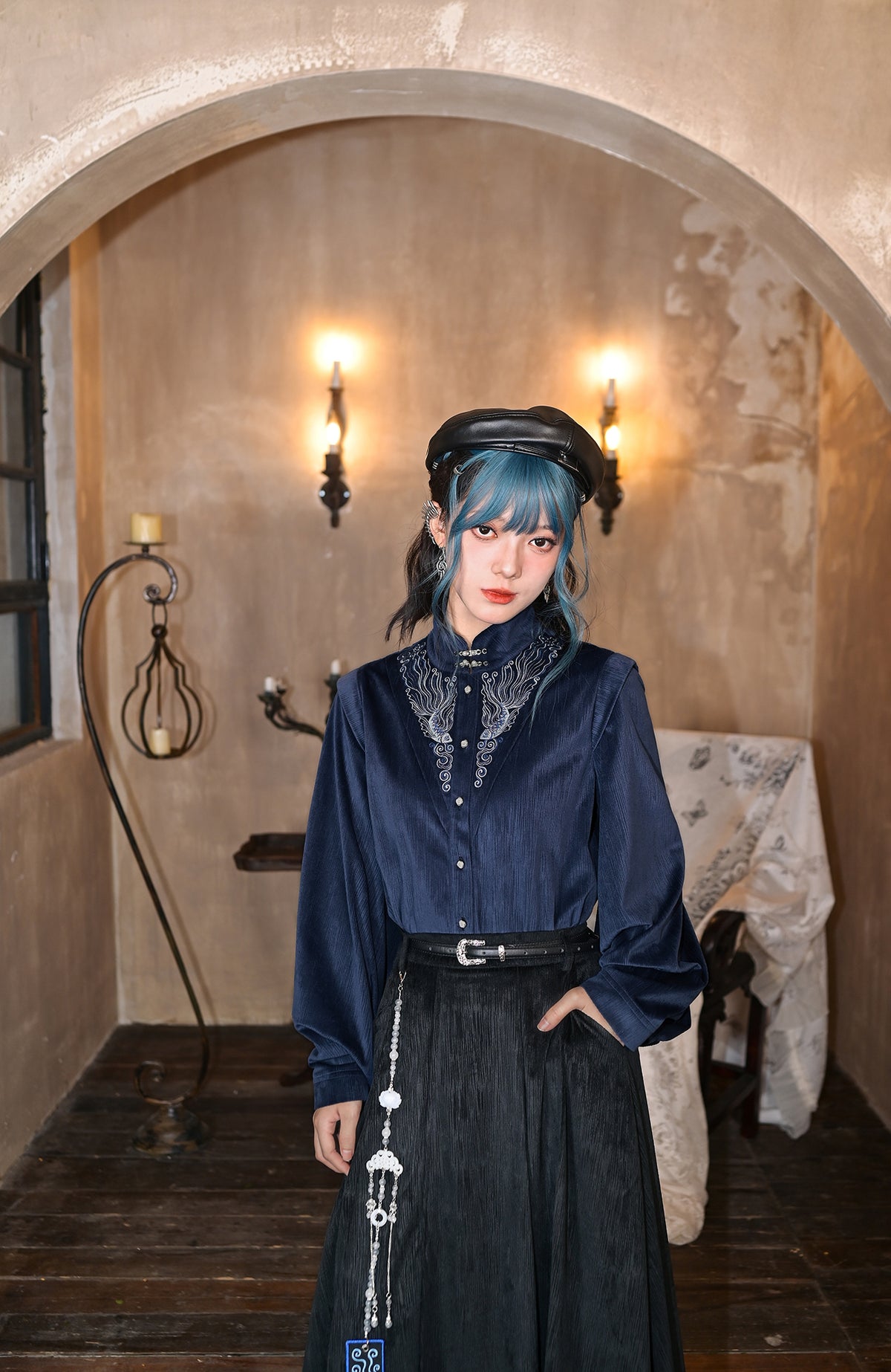 GUGUAI Embroidered Mandarin Collar Balloon-Sleeve Shirt
