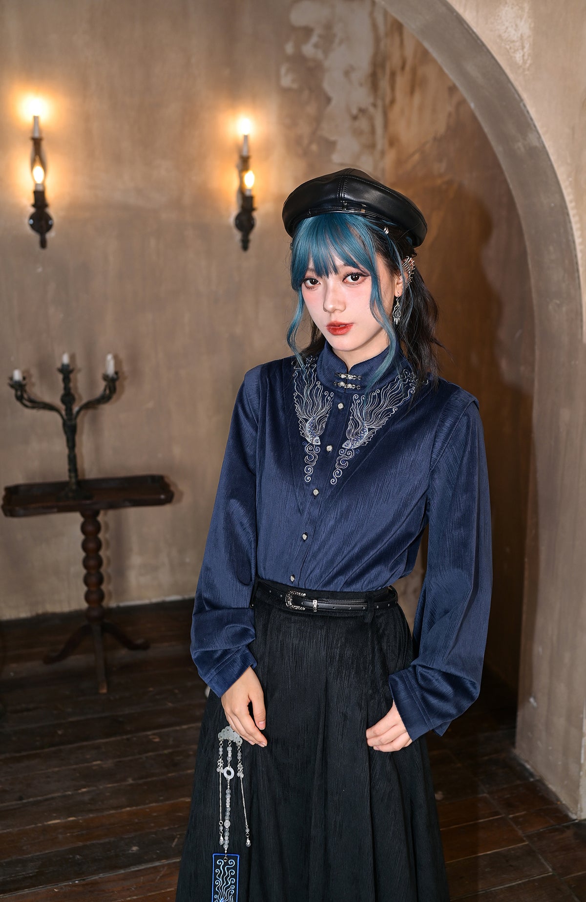 GUGUAI Embroidered Mandarin Collar Balloon-Sleeve Shirt