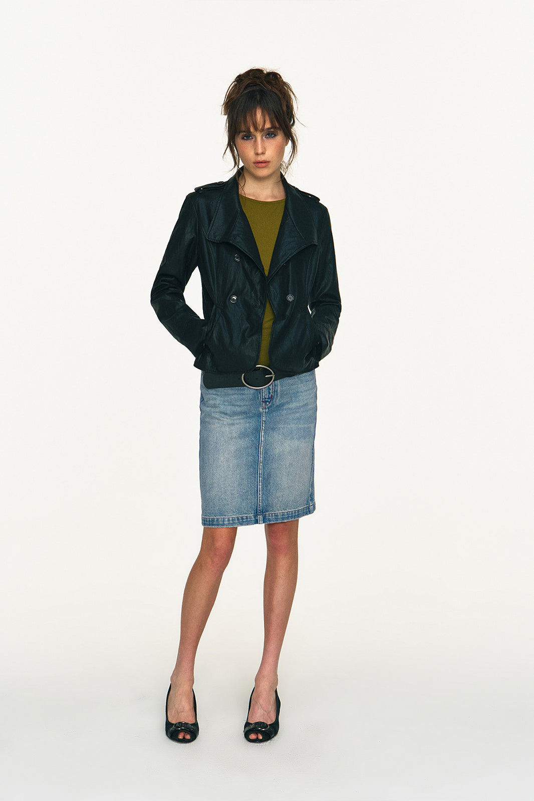 ANTENNA EFFECT Retro Double-Breasted Faux Leather Slim Jacket