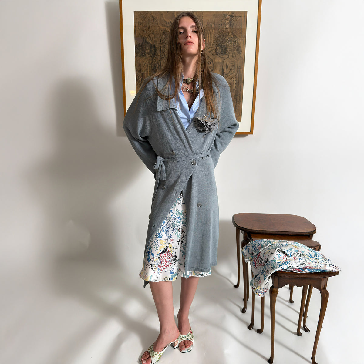 WINGFREE Silk-Blended Double-Breasted Oversized Coat