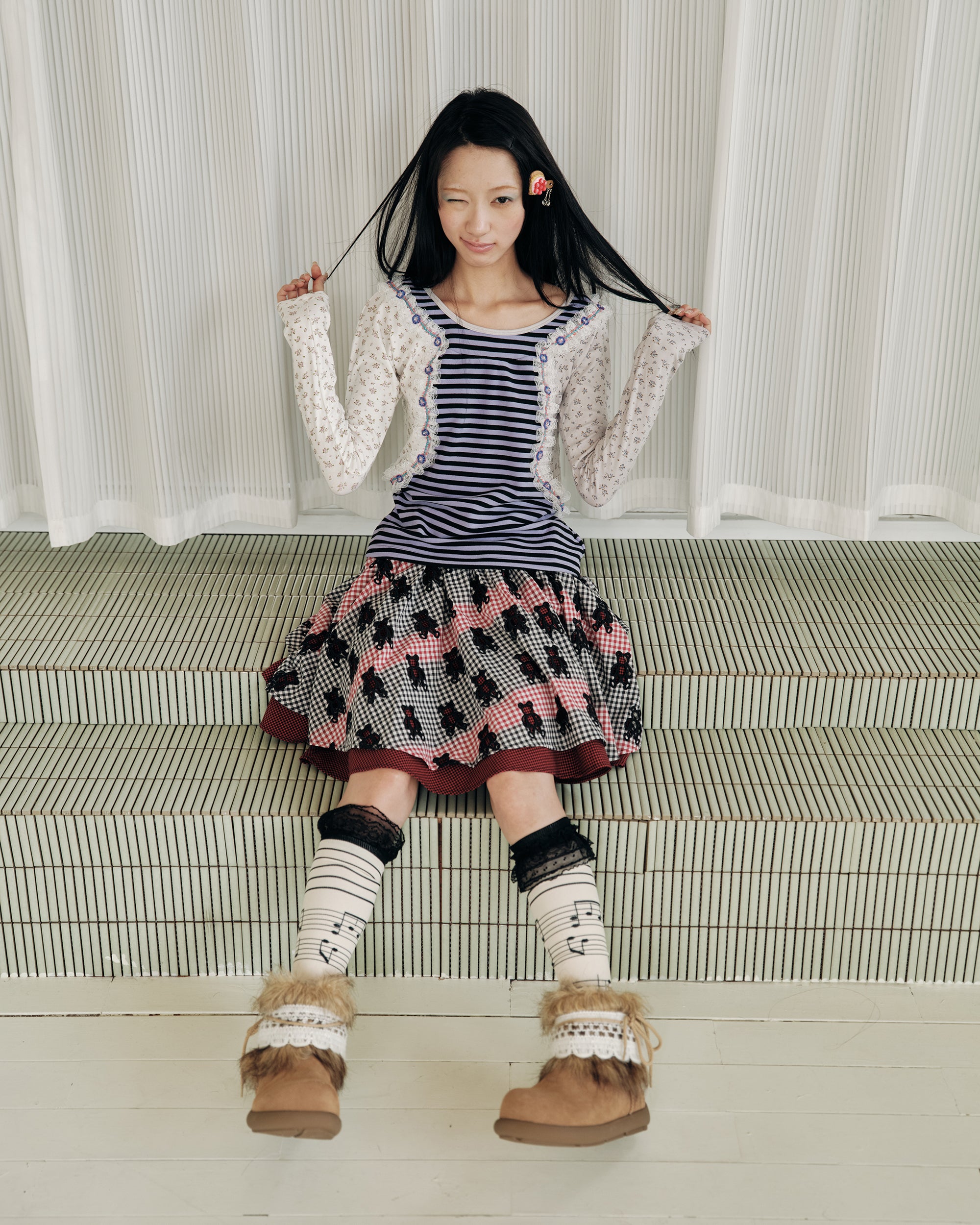 HAVEAMEAL Stripe Floral Lace Spliced Long-Sleeve Tee