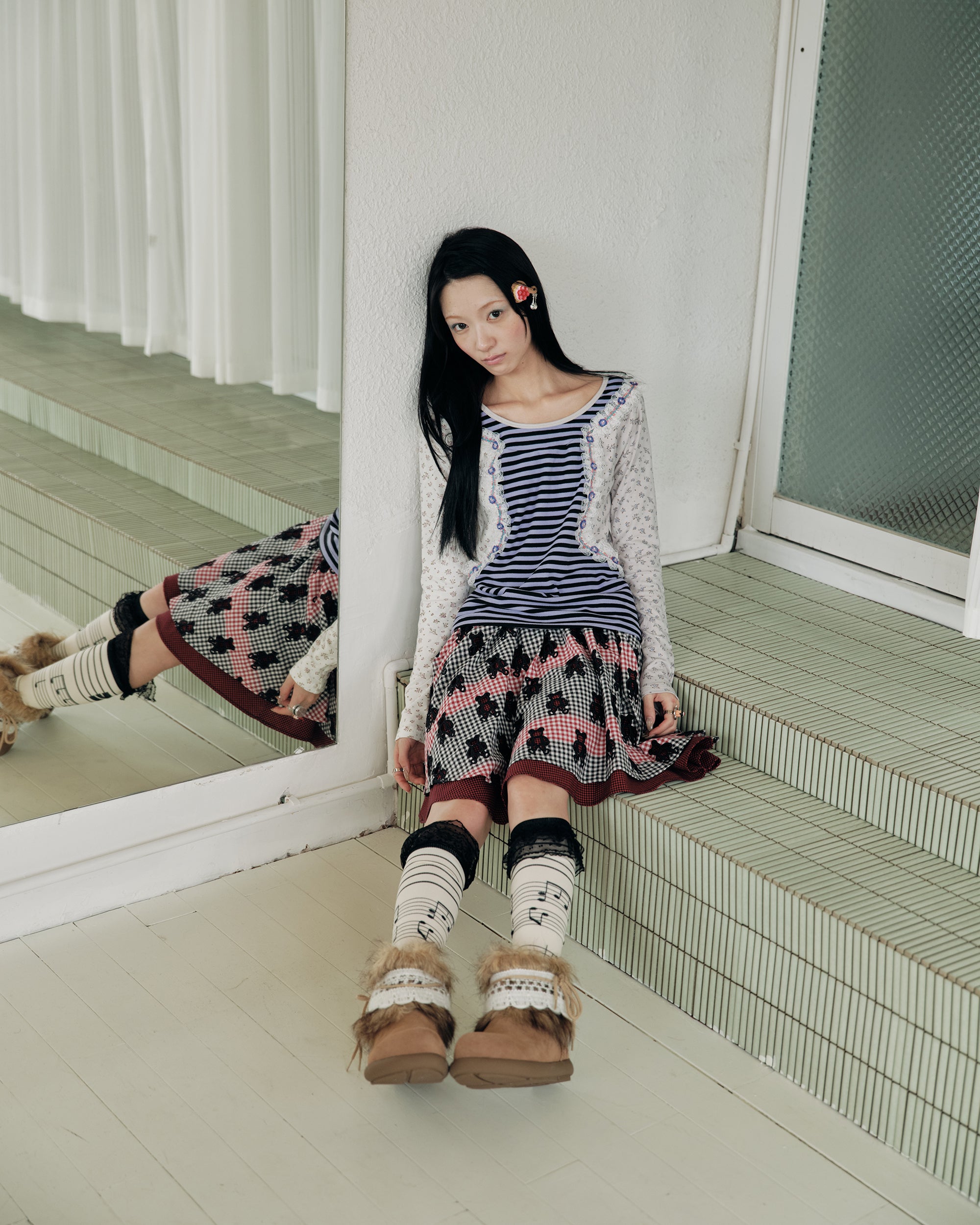 HAVEAMEAL Stripe Floral Lace Spliced Long-Sleeve Tee