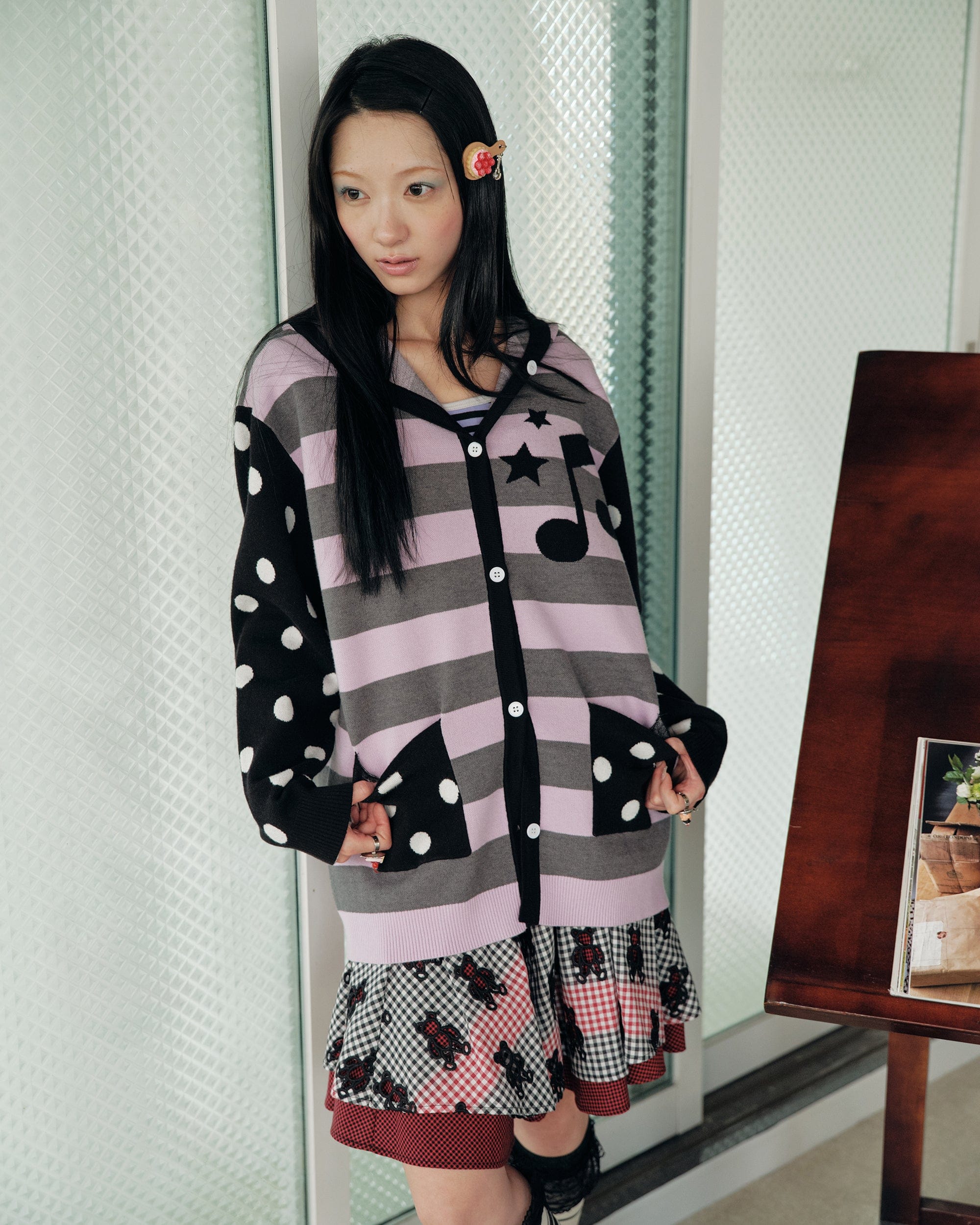 HAVE A MEAL Spliced Stripe Polka Dot Hooded Cardigan