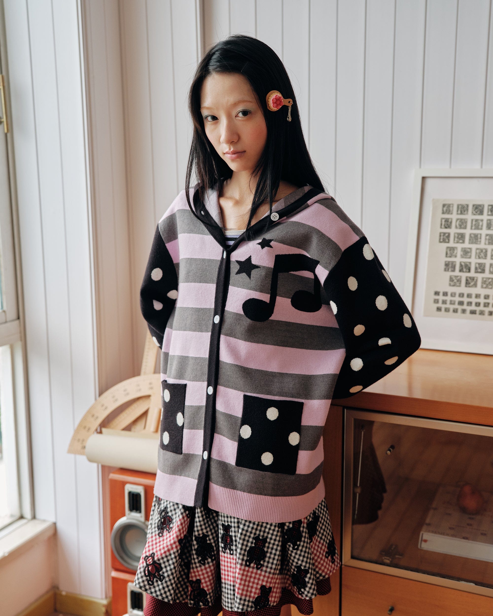 HAVE A MEAL Spliced Stripe Polka Dot Hooded Cardigan