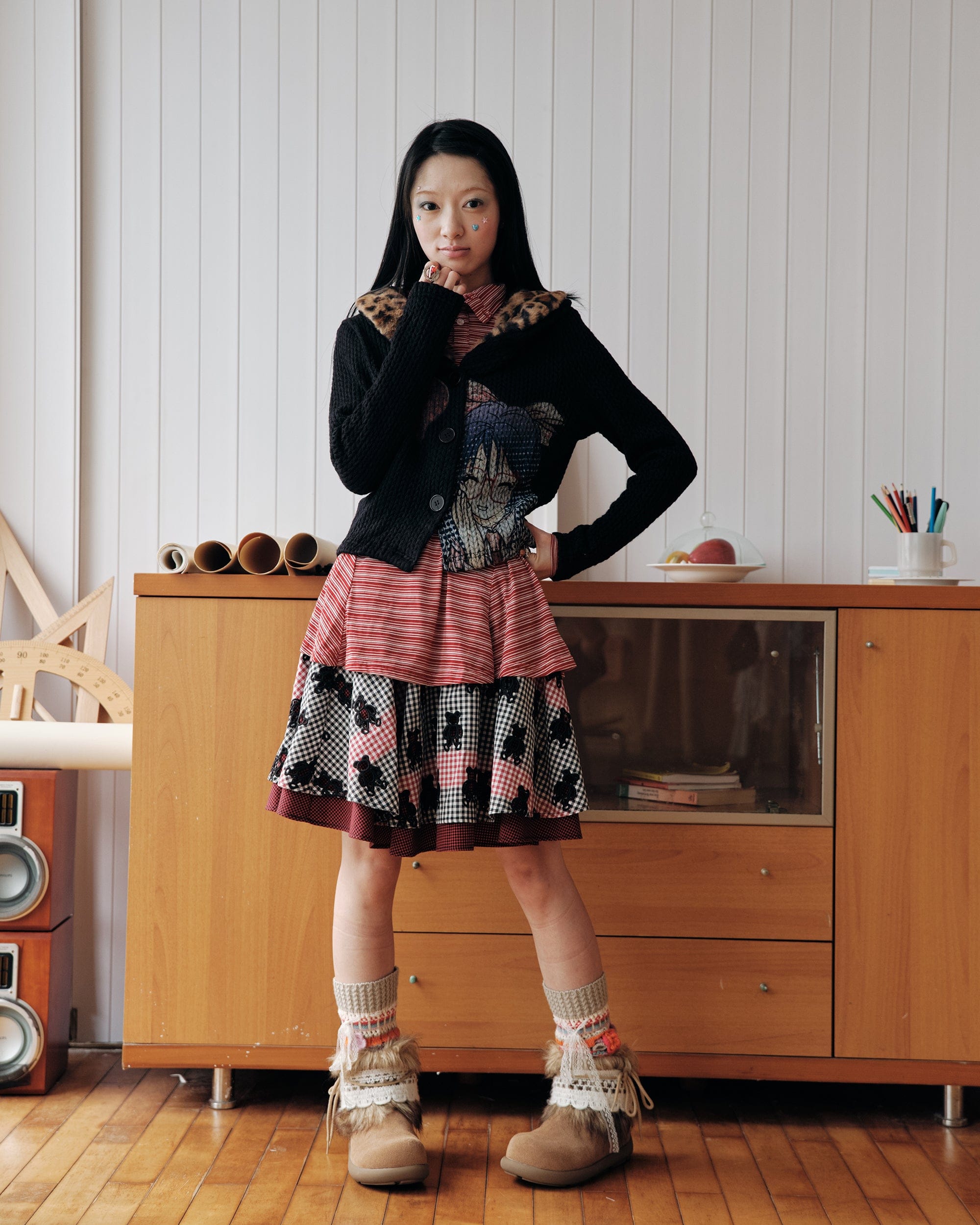 HAVE A MEAL Retro Graphic Leopard Collar Cardigan