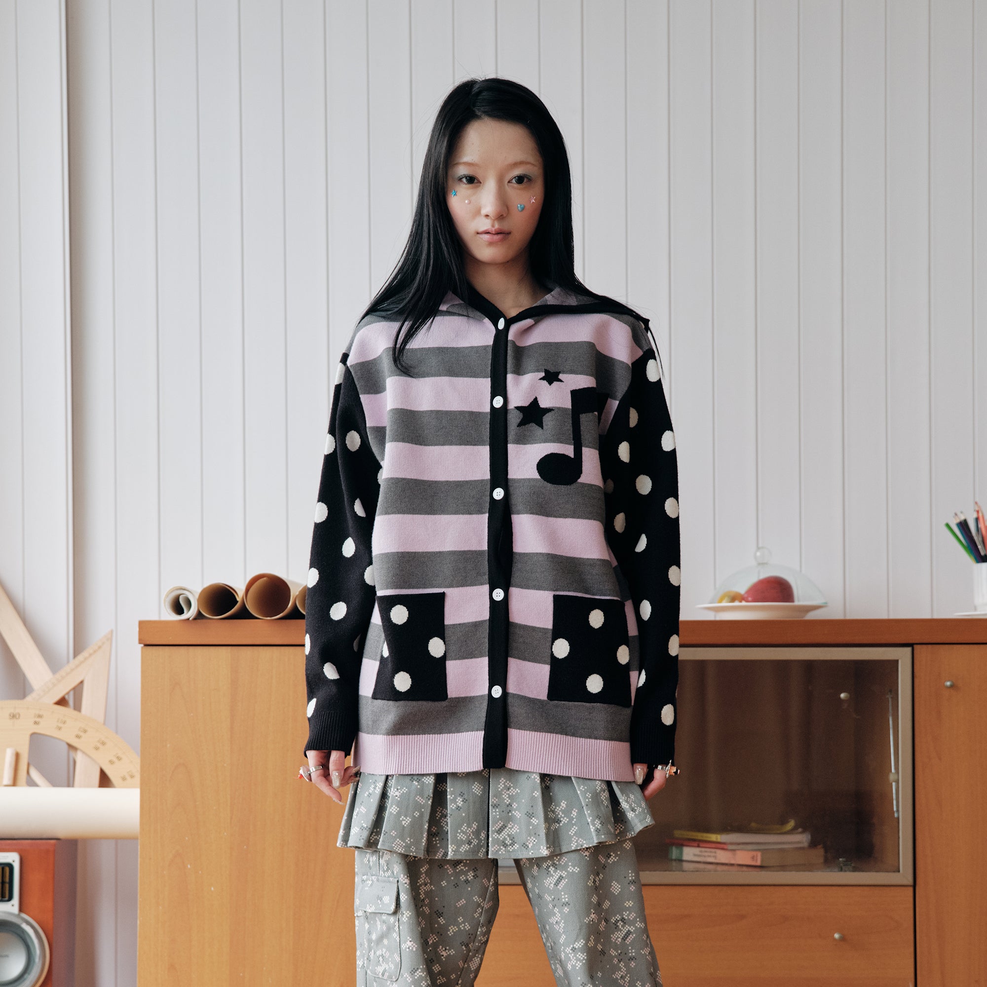 HAVEAMEAL Spliced Stripe Polka Dot Hooded Cardigan