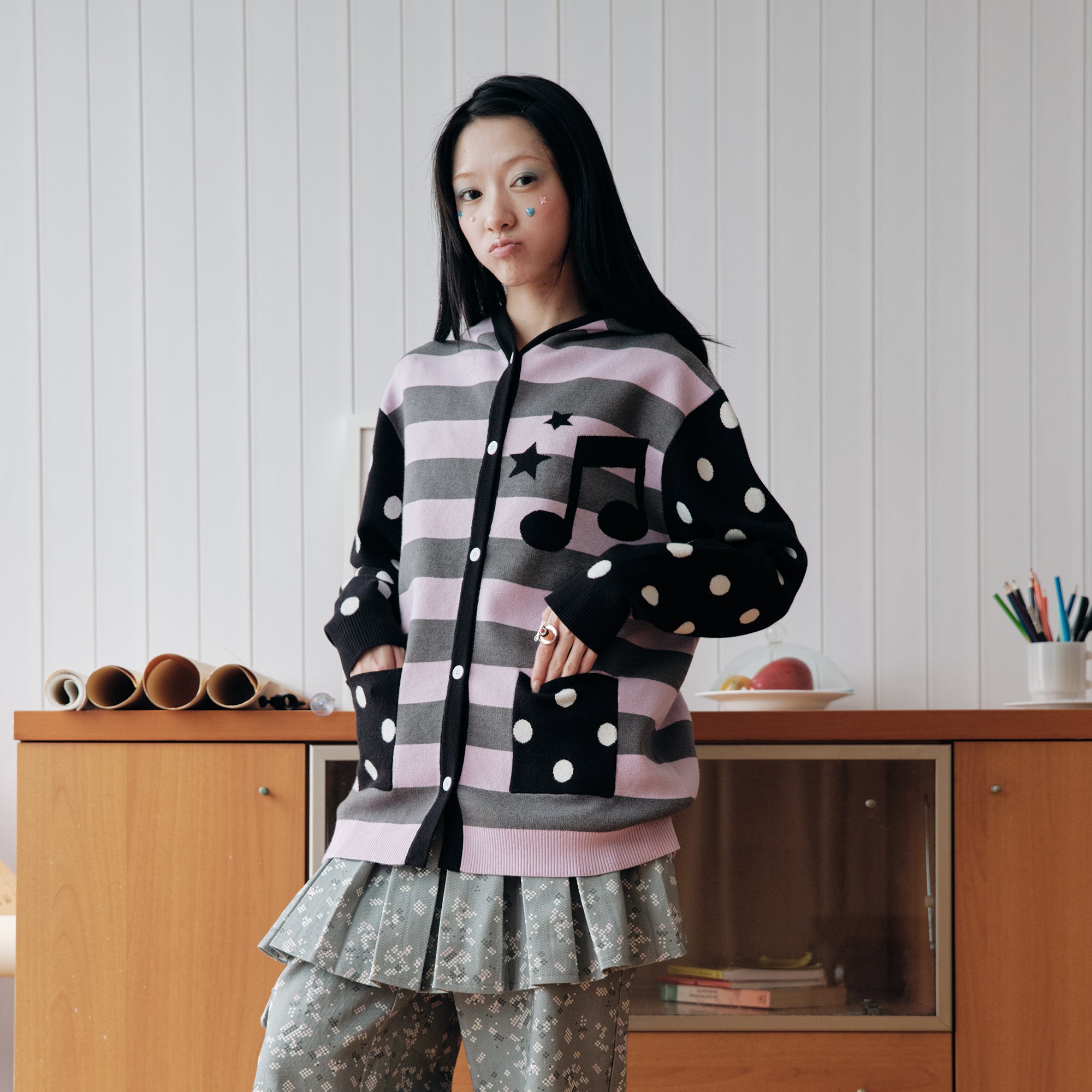 HAVEAMEAL Spliced Stripe Polka Dot Hooded Cardigan