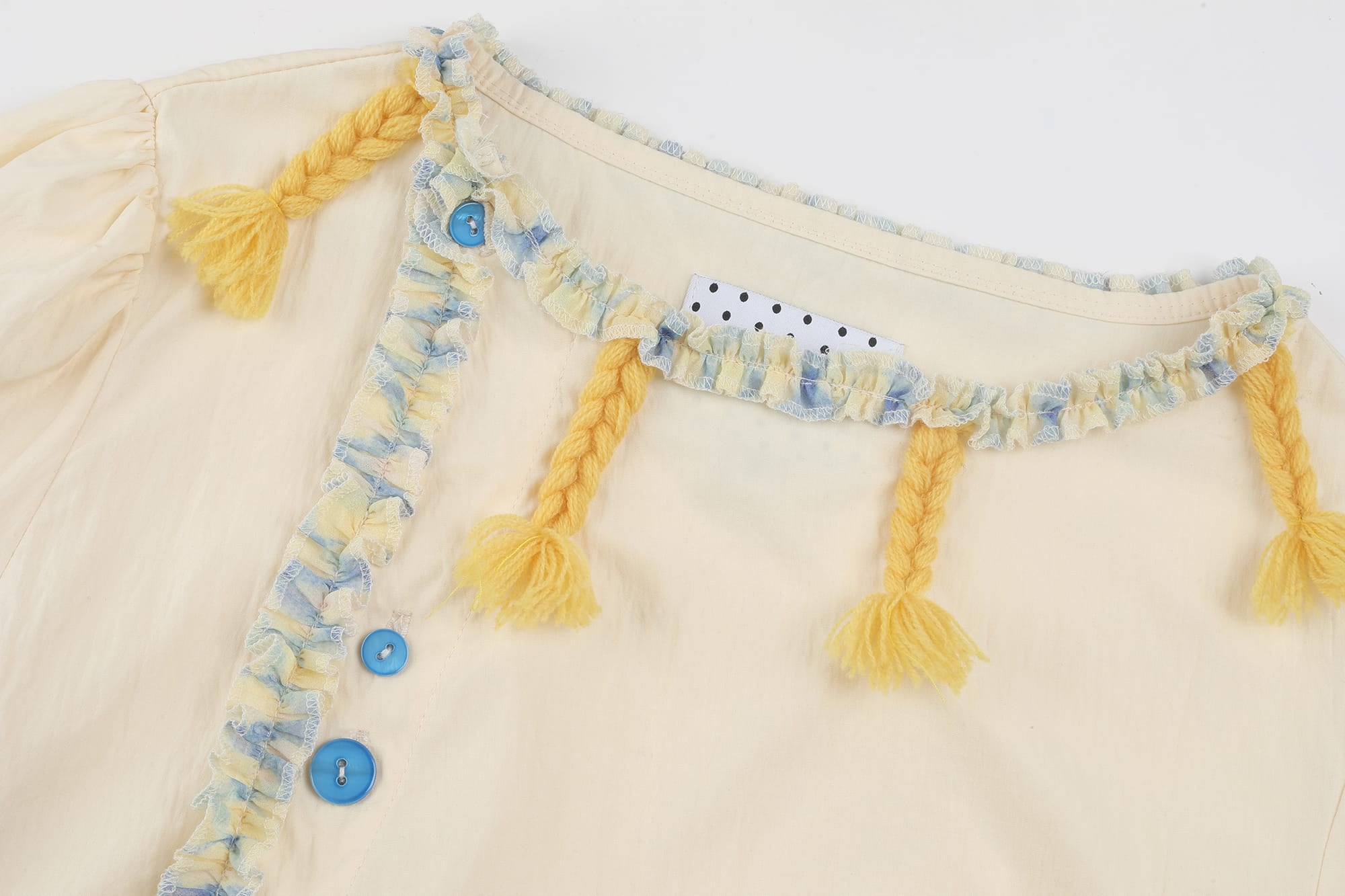 UNSOCIAL NIGHT Asymmetric Tassel-Trim Button Blouse