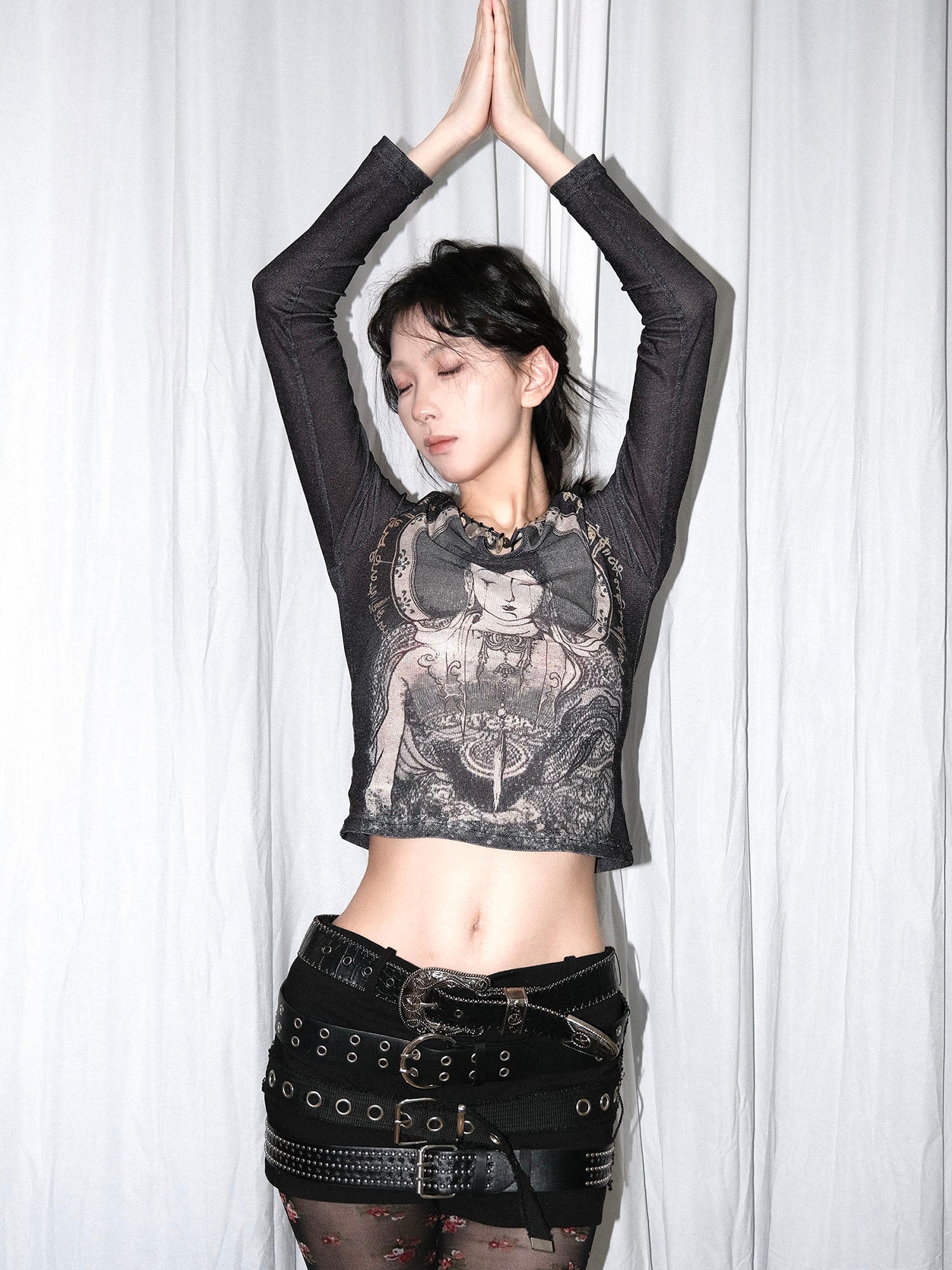 WHYNOTDANCE Velvet-Mesh Graphic Keyhole Top