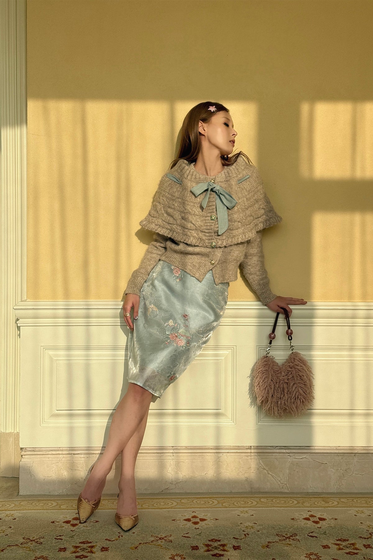 ANNIE ARMOR Cable-Knit Bow-Tie Cape Two-Piece Cardigan