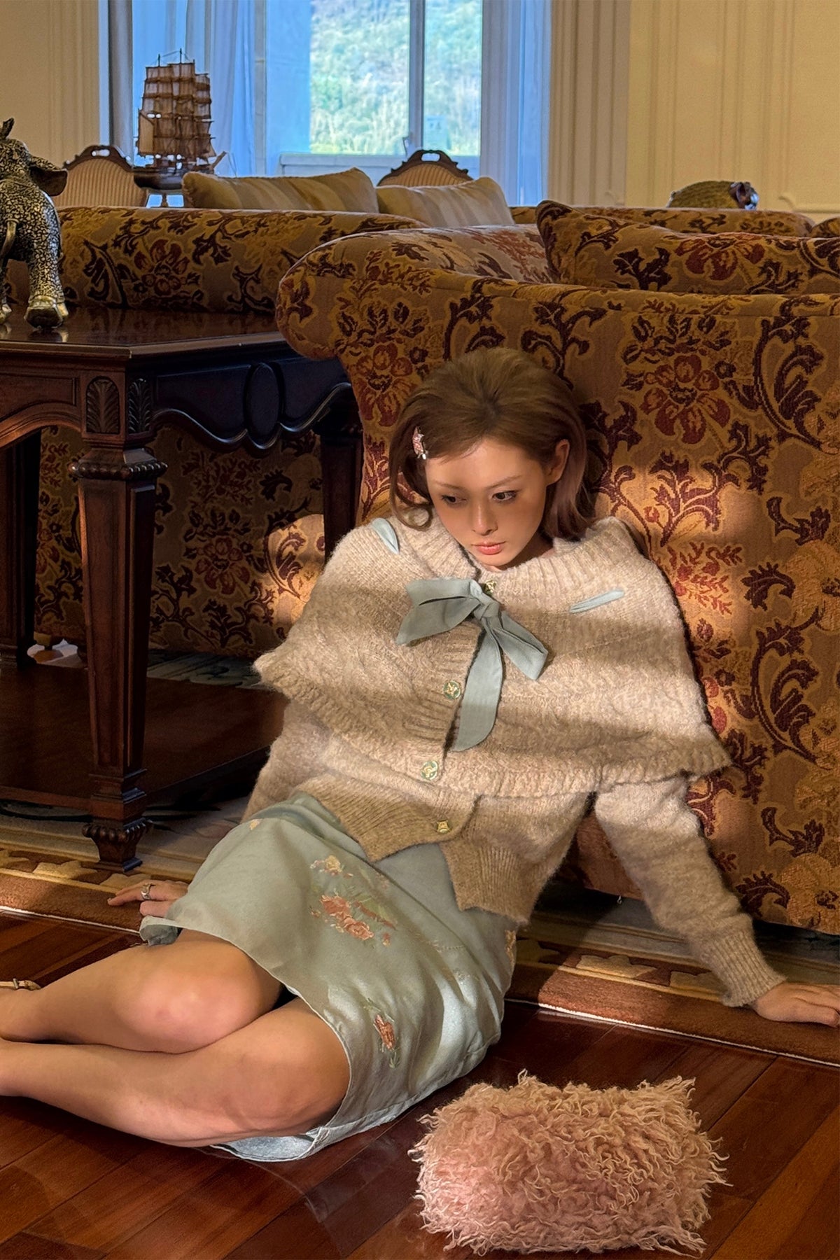 ANNIE ARMOR Cable-Knit Bow-Tie Cape Two-Piece Cardigan