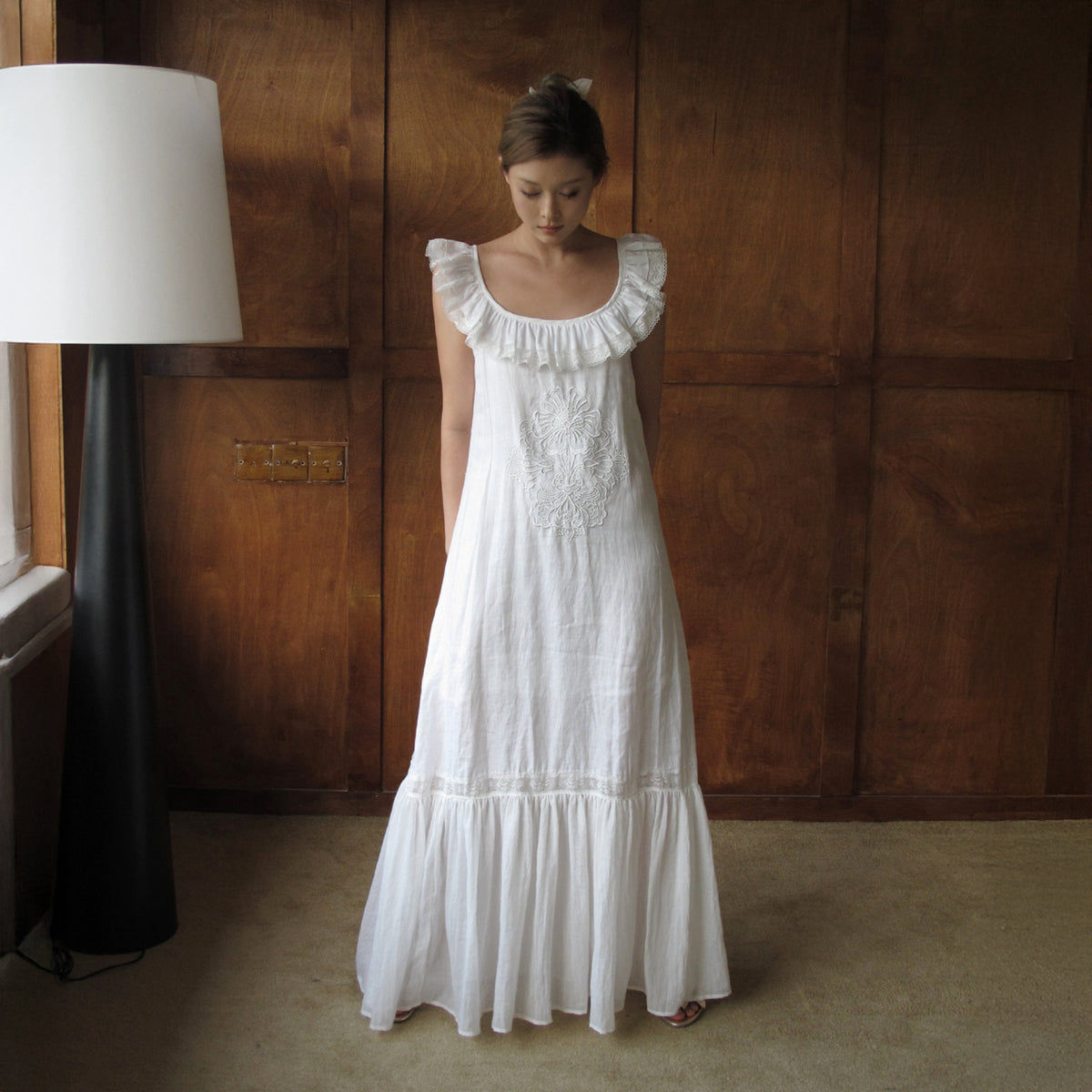 ANNIE ARMOR Embroidered Lace-Paneled Maxi Dress
