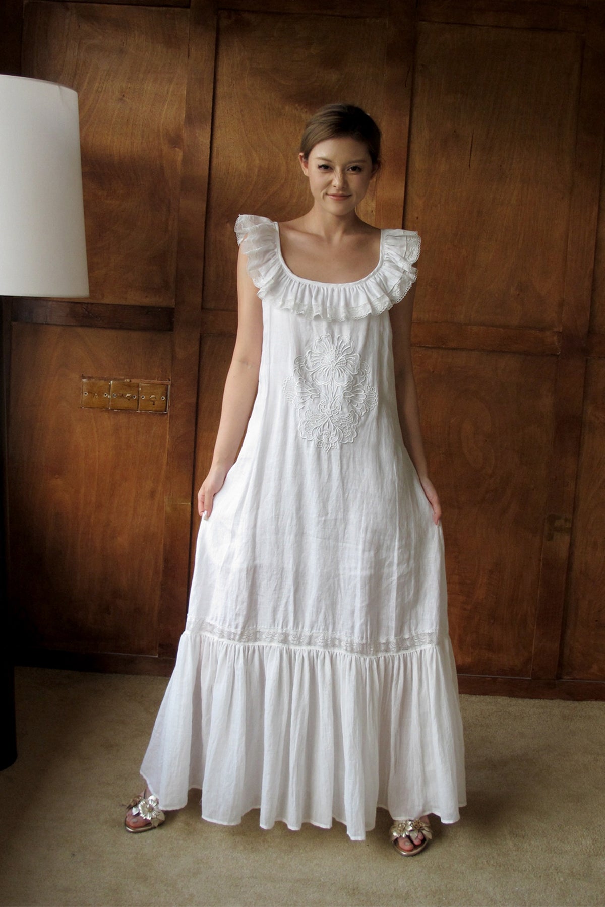 ANNIE ARMOR Embroidered Lace-Paneled Maxi Dress