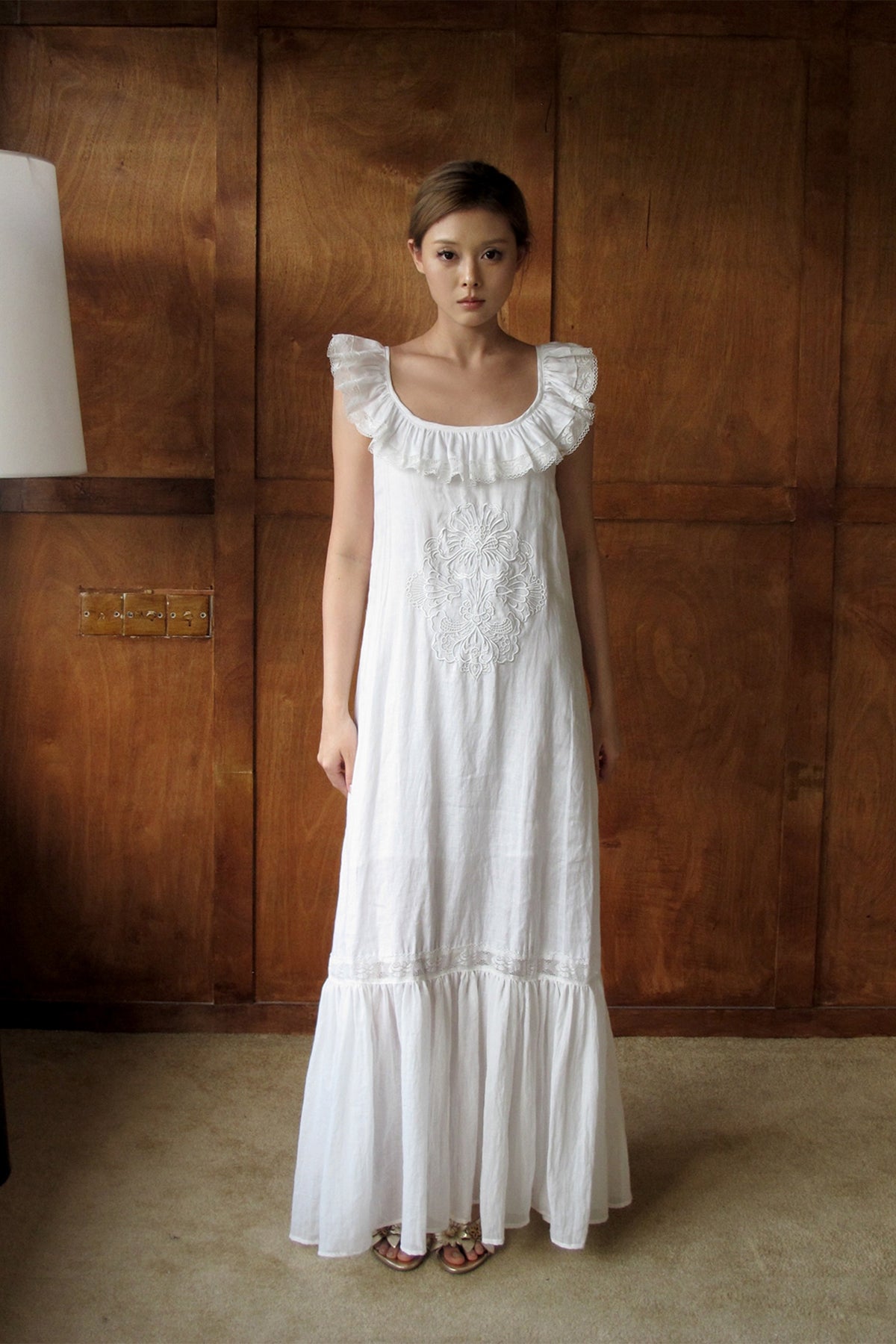 ANNIE ARMOR Embroidered Lace-Paneled Maxi Dress
