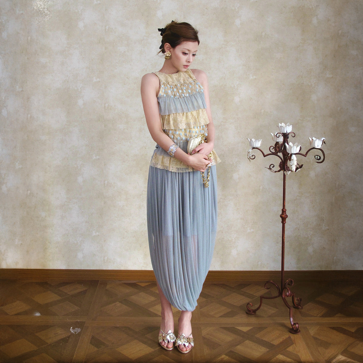 ANNIE ARMOR Tiered Ruffle Lace Top & Pleated Maxi Skirt Set