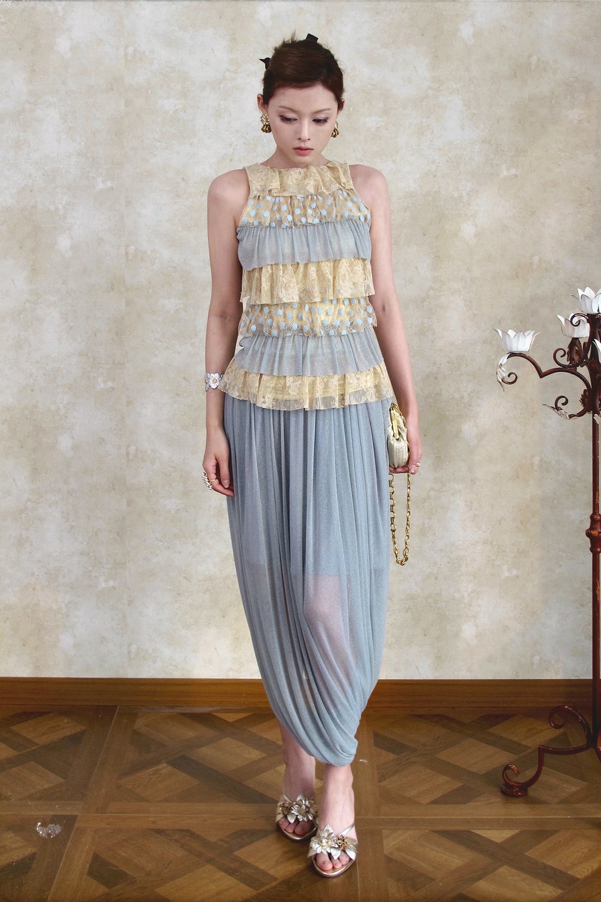 ANNIE ARMOR Tiered Ruffle Lace Top & Pleated Maxi Skirt Set