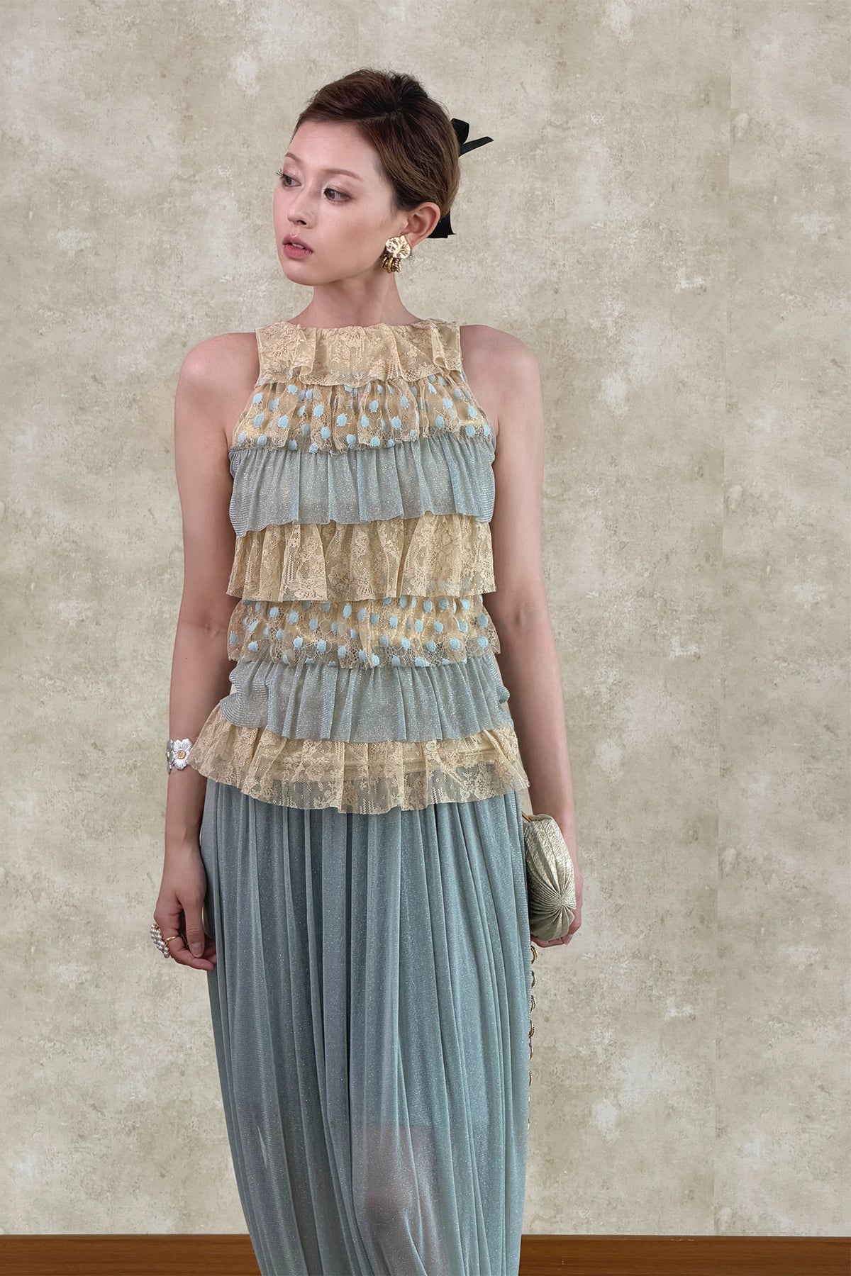 ANNIE ARMOR Tiered Ruffle Lace Top & Pleated Maxi Skirt Set