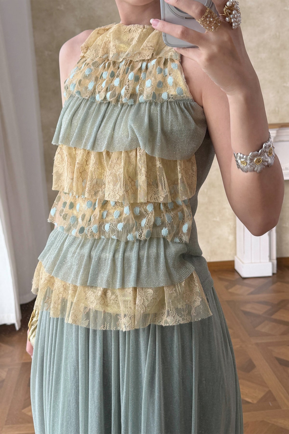 ANNIE ARMOR Tiered Ruffle Lace Top & Pleated Maxi Skirt Set
