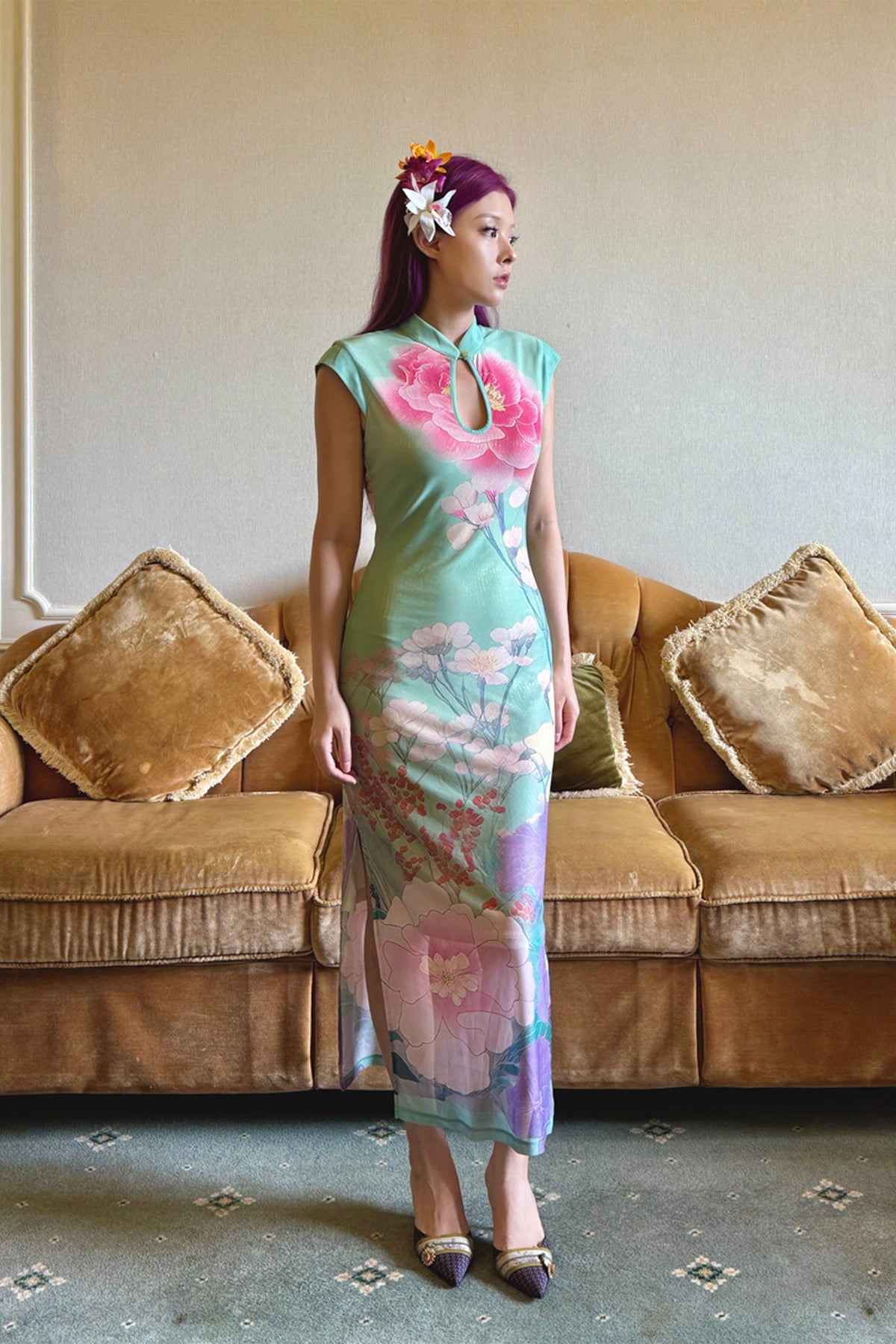 ANNIE ARMOR Peony Print Maxi Qipao Dress